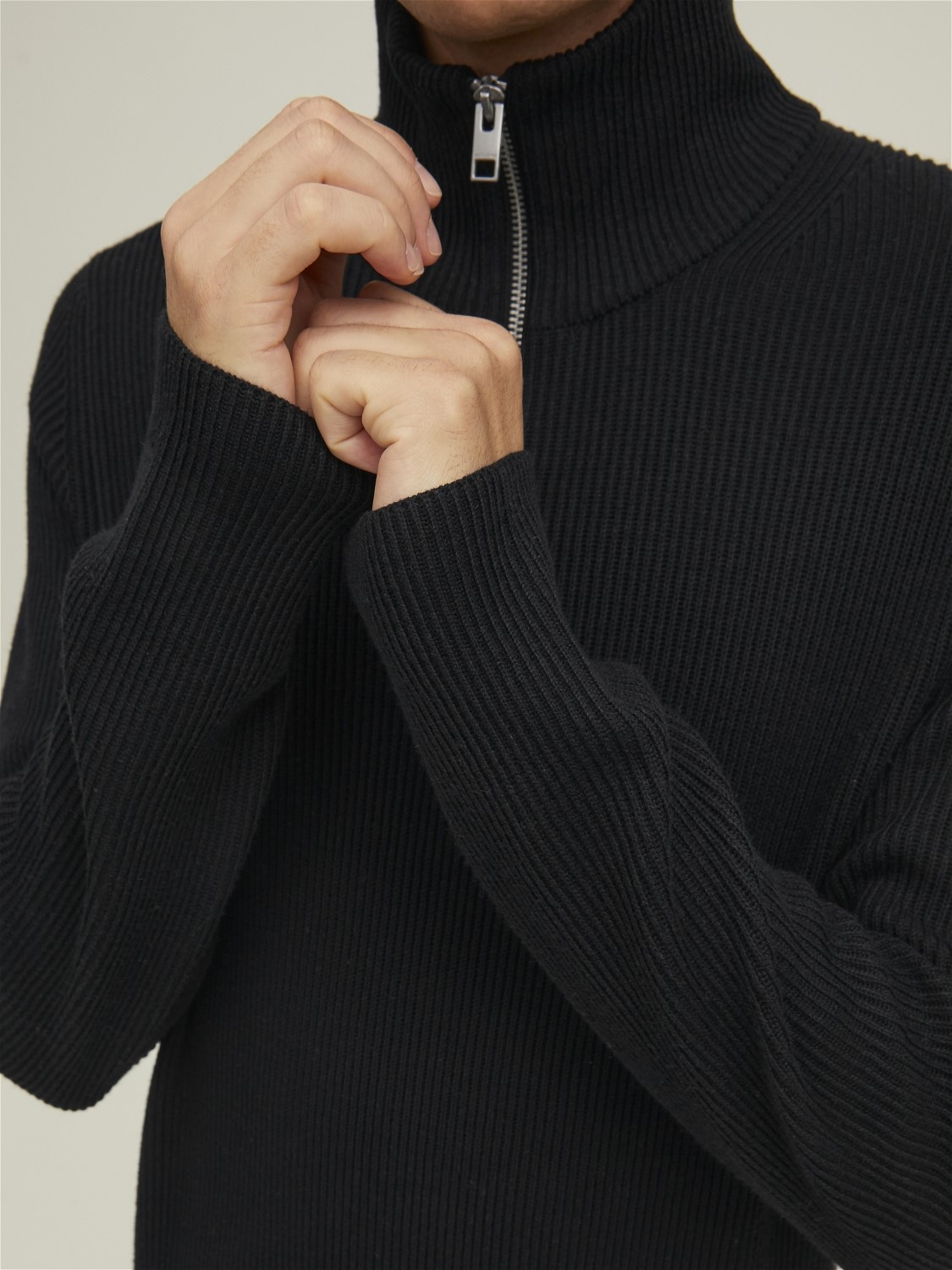 JACK & JONES Perfect knit half zip slim fit, heren schipperstrui katoenmengsel met opstaande boord, zwart