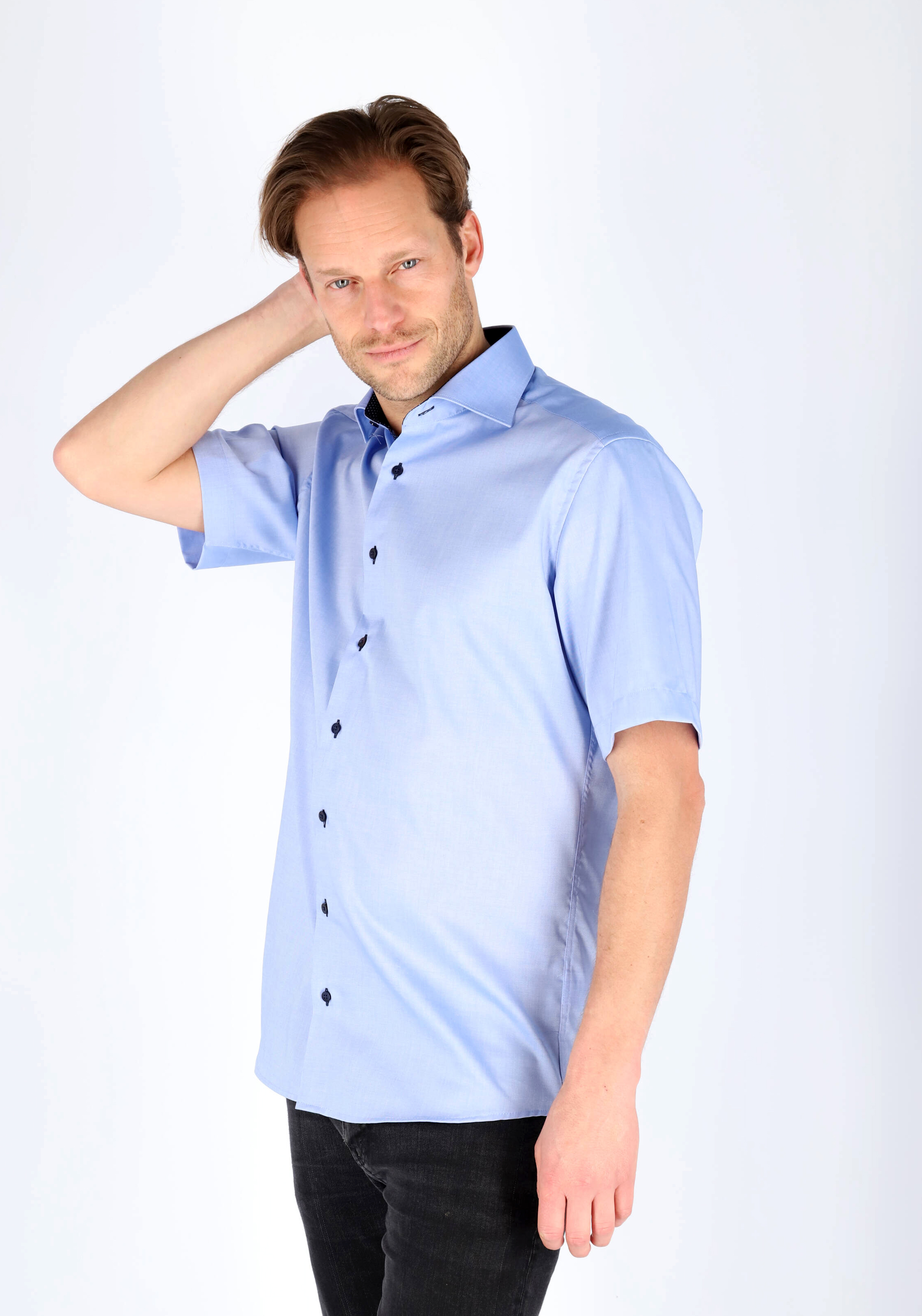 ETERNA modern fit overhemd, korte mouw, heren overhemd fijn Oxford, blauw (gestipt contrast)