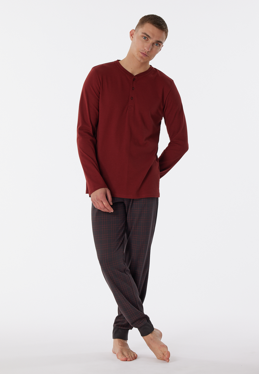 SCHIESSER Fine Interlock pyjamaset, heren pyjama lang interlock manchetten knoopsluiting geruit terracotta