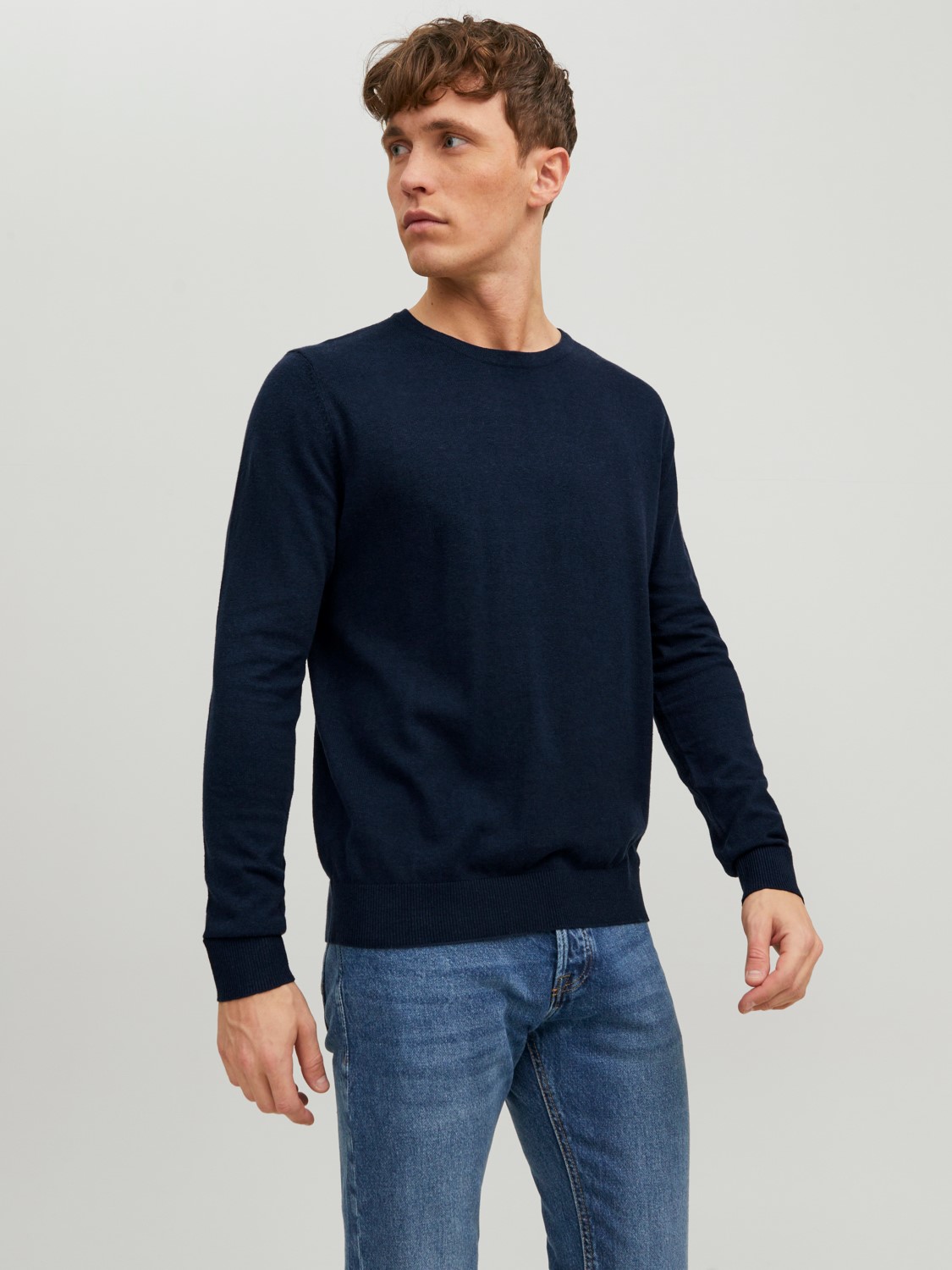 JACK & JONES Emil knit crew neck slim fit, heren pullover viscosemengsel met O-hals, blauw