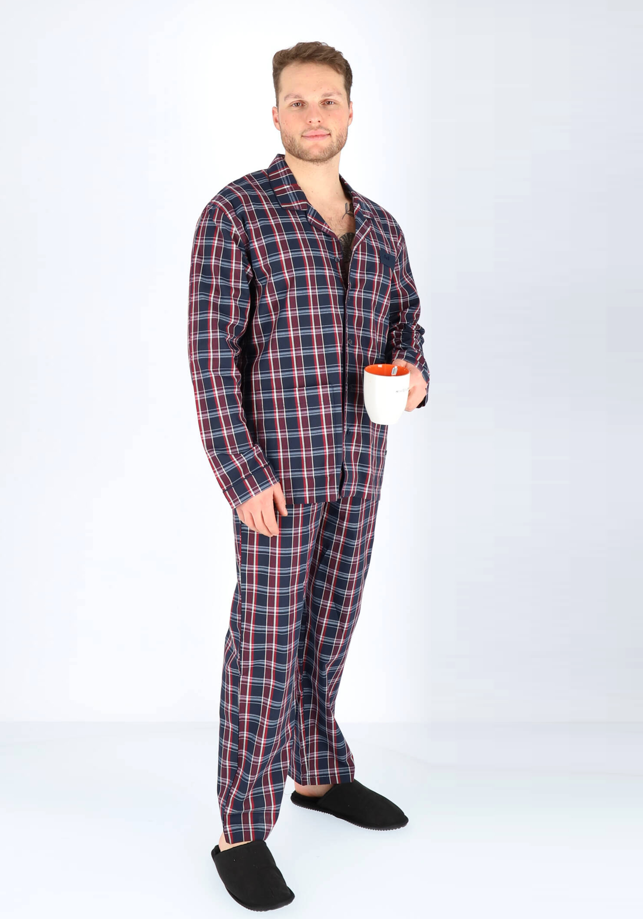 Gotzburg heren pyjama met knopen geweven heren pyjama niet elastisch blauw met rood en wit geruit