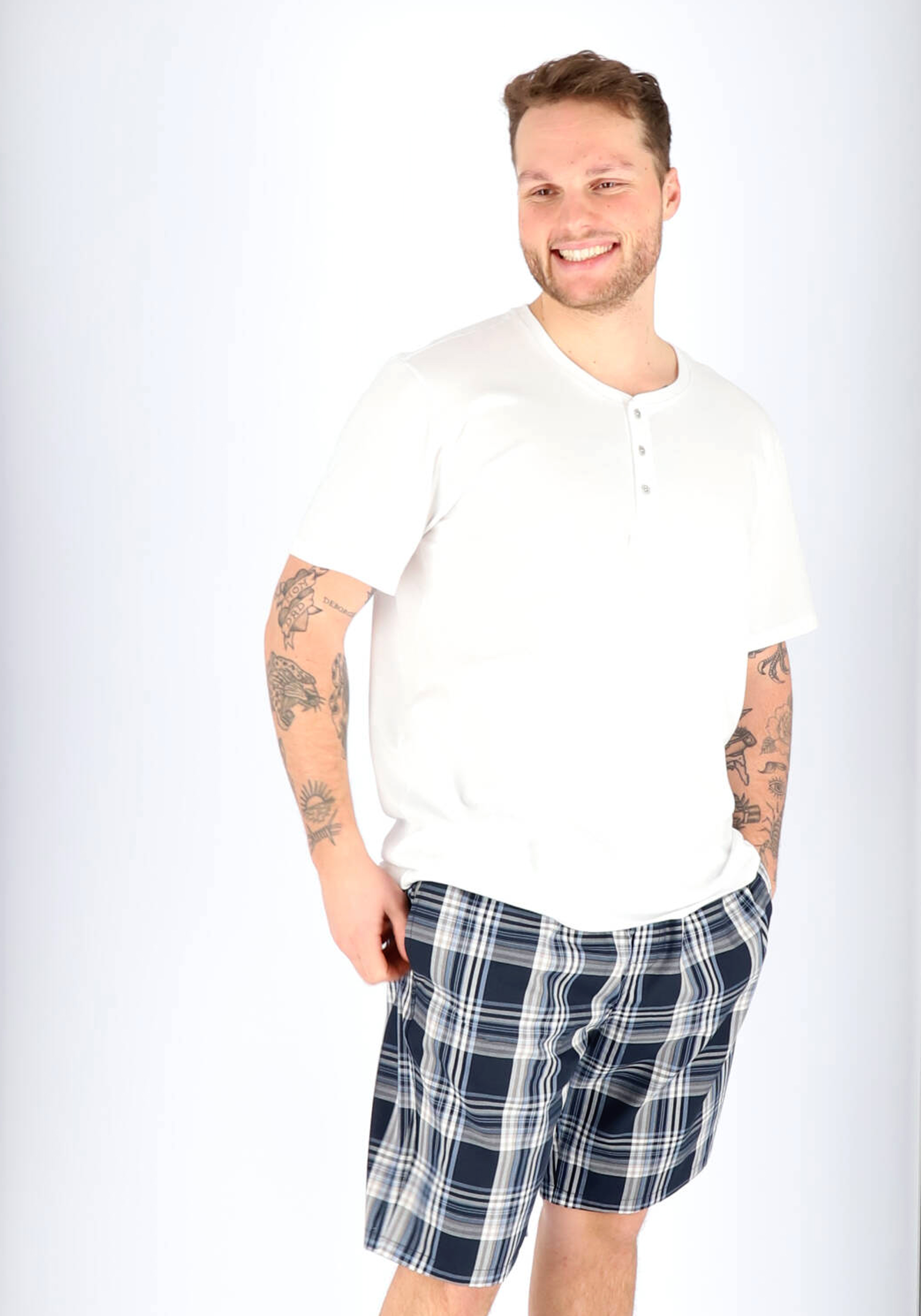 SCHIESSER Mix+Relax lounge broek, korte pijpen, dun niet elastisch, blauw geruit               