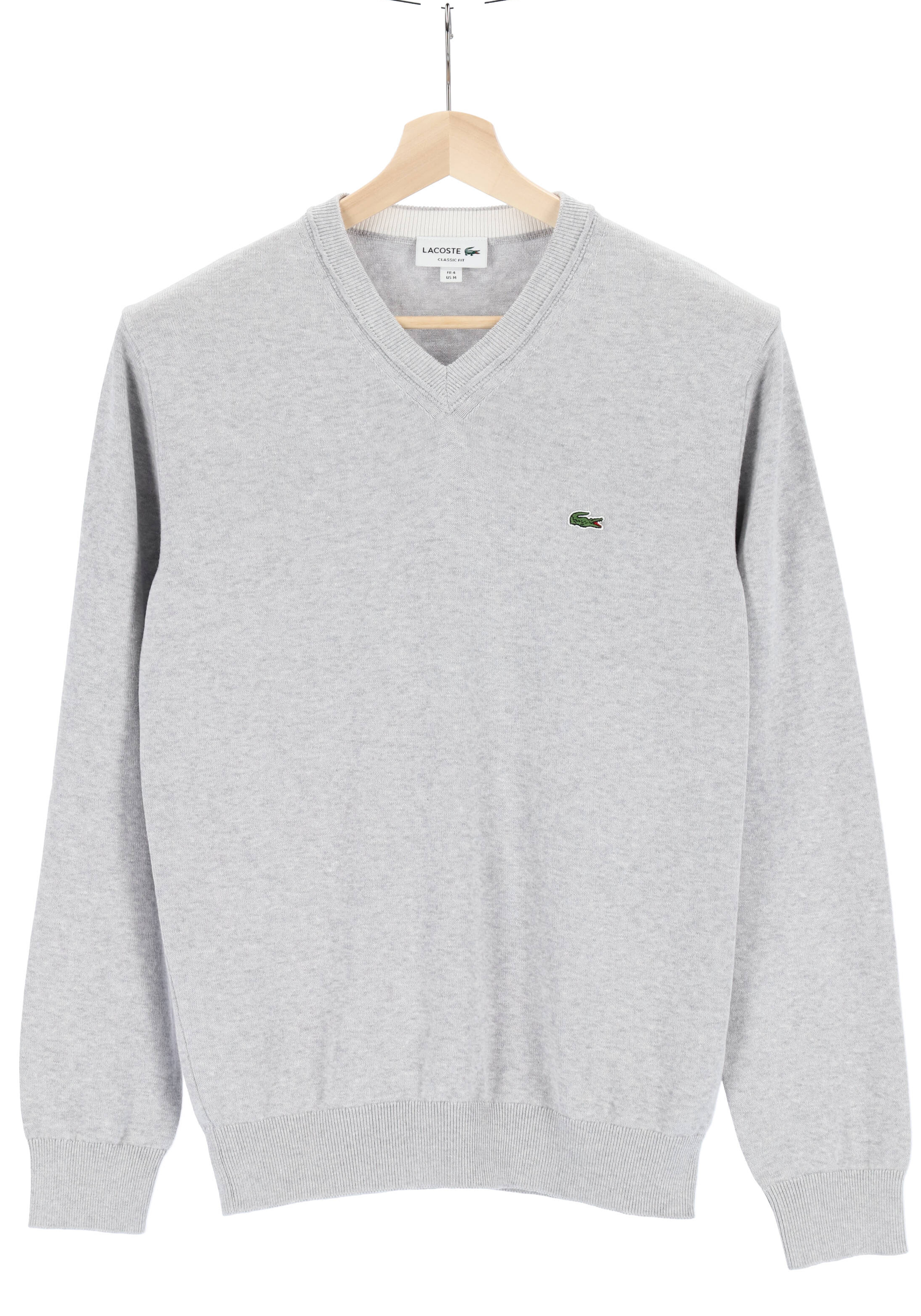 Lacoste trui katoen V-hals, gebreide heren trui, lichtgrijs melange