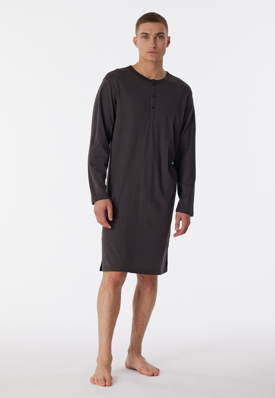 SCHIESSER Comfort Nightwear nachthemd, heren nachthemd met lange mouwen biologisch katoen knoopsluiting gestreept antraciet