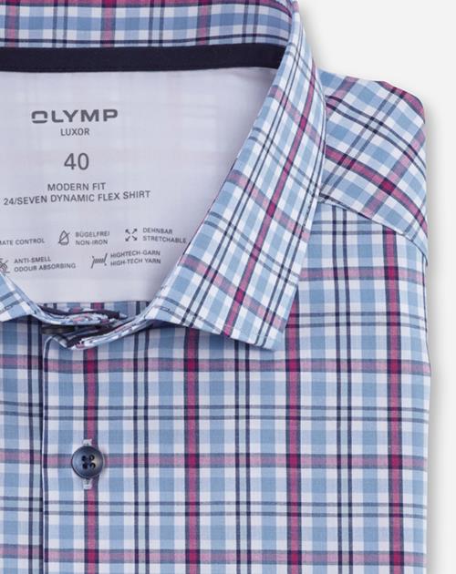OLYMP Luxor 24/7 modern fit overhemd, korte mouw, popeline, fuchsia geruit