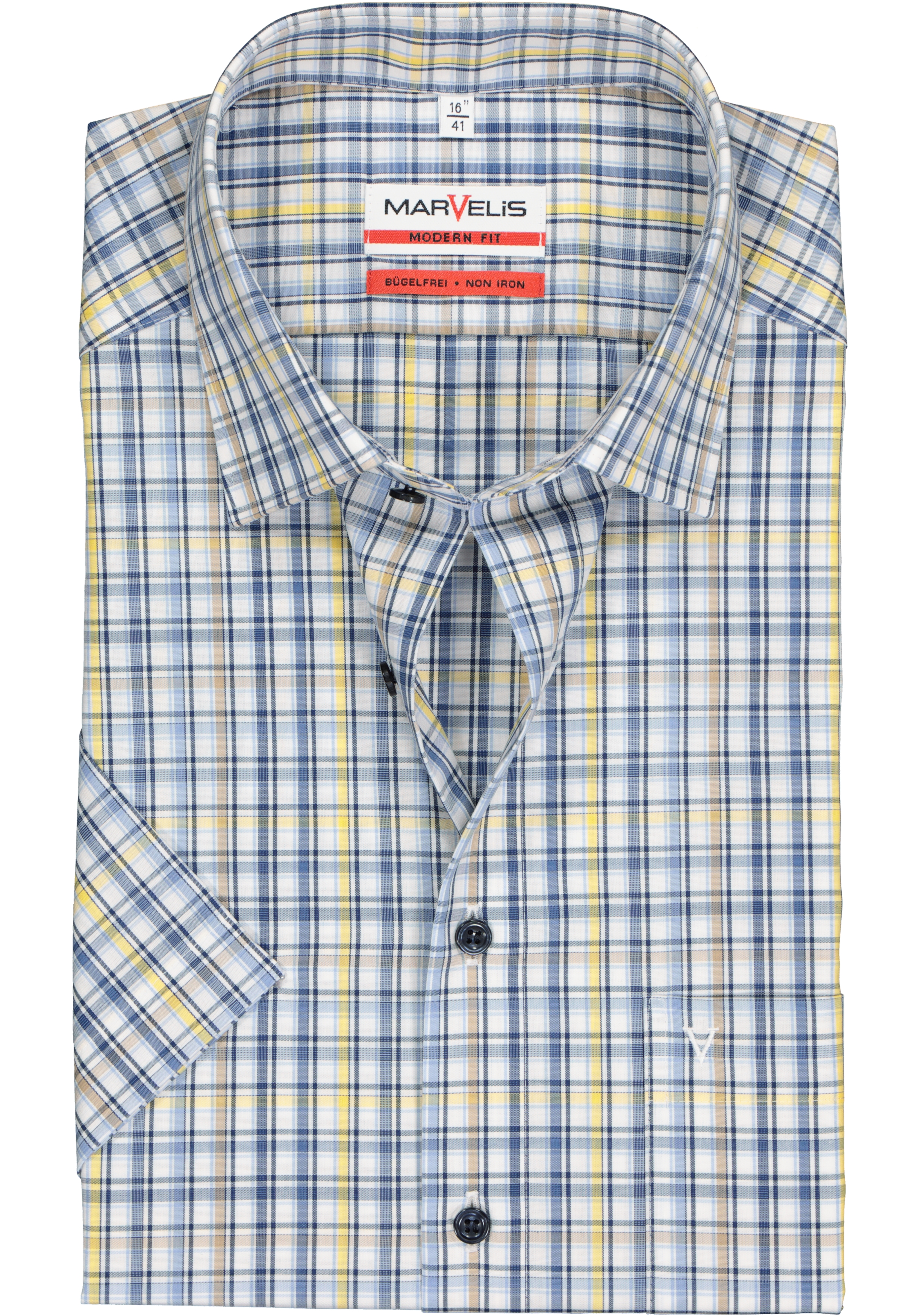 MARVELIS modern fit overhemd, korte mouw, popeline, wit met blauw en geel geruit