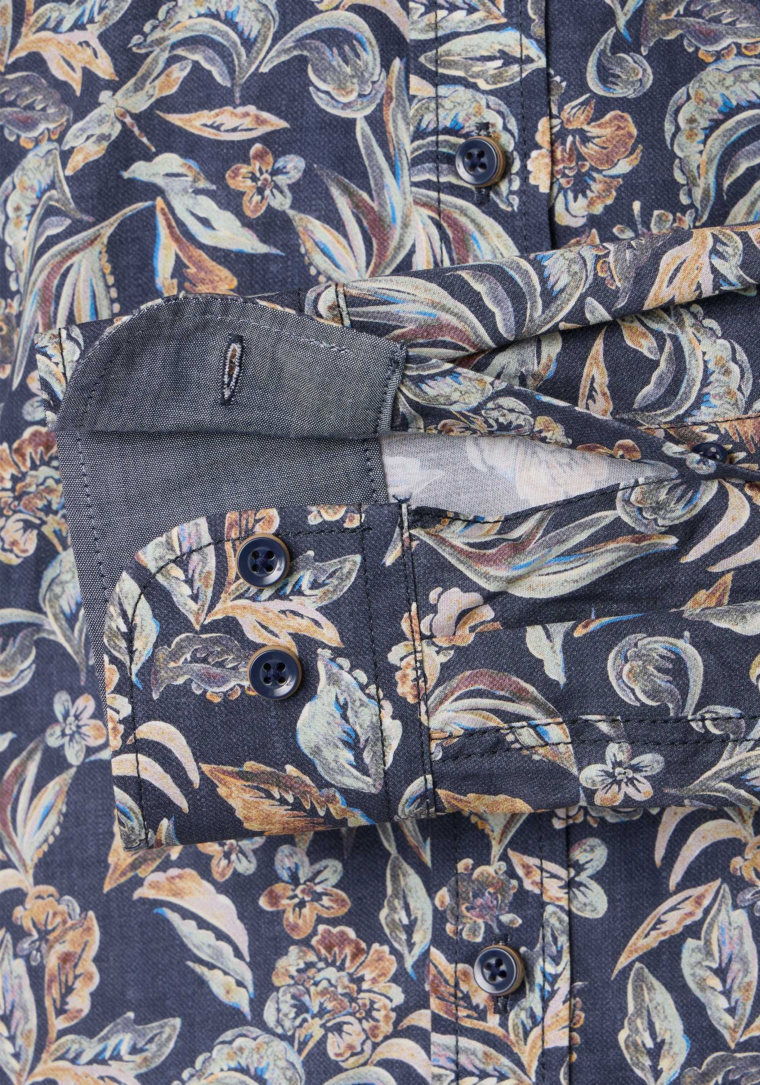 CASA MODA Sport casual fit overhemd, popeline, donkerblauw met beige bloemen dessin