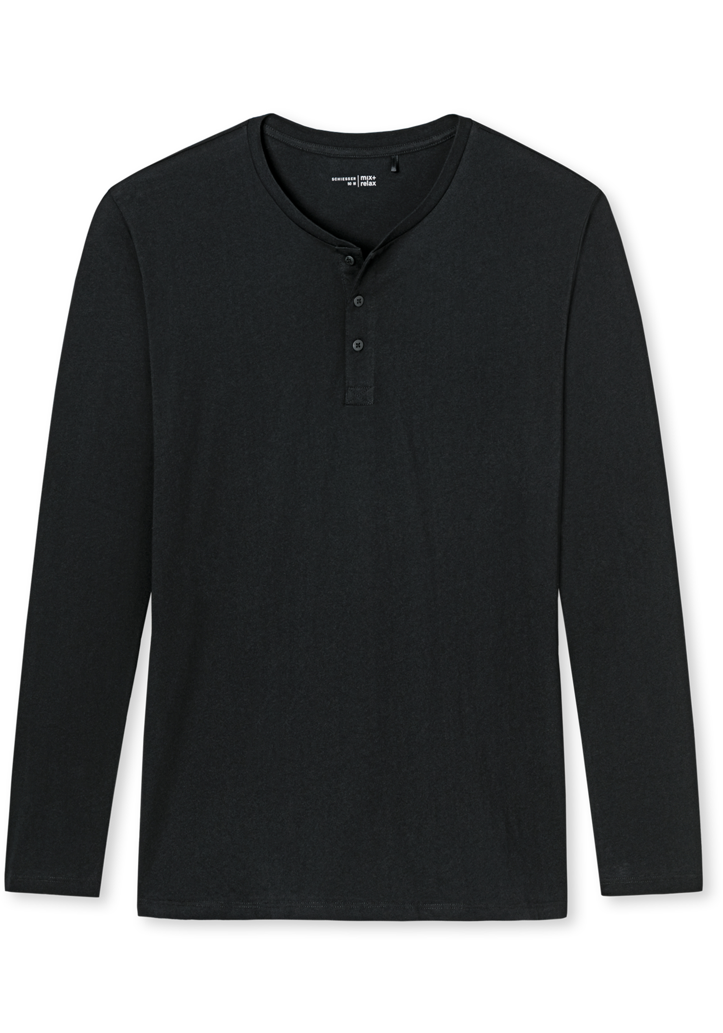 SCHIESSER Mix+Relax T-shirt, lange mouw O-hals met knoopjes, zwart