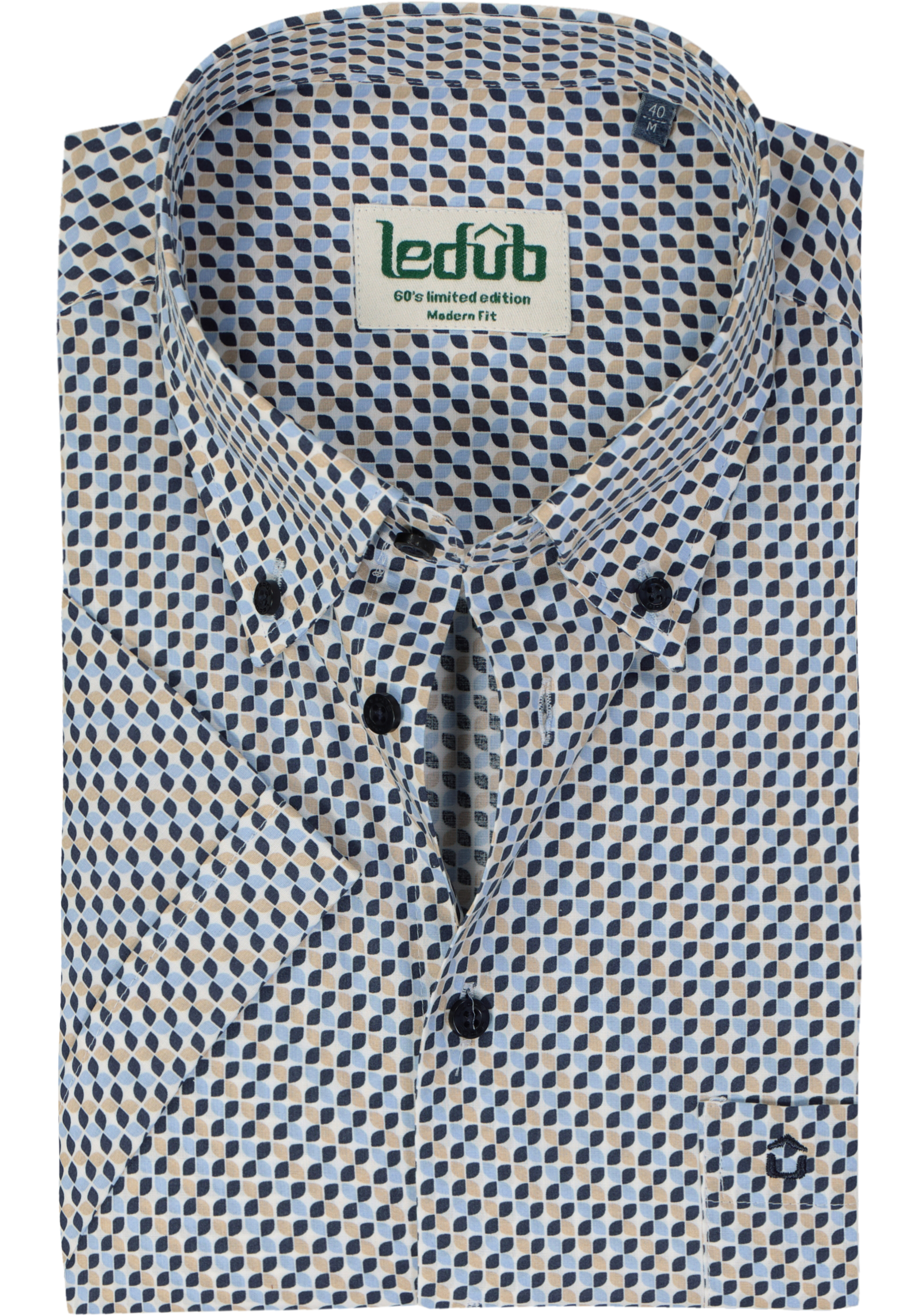 Ledub modern fit overhemd, korte mouw, popeline, donkerblauw dessin