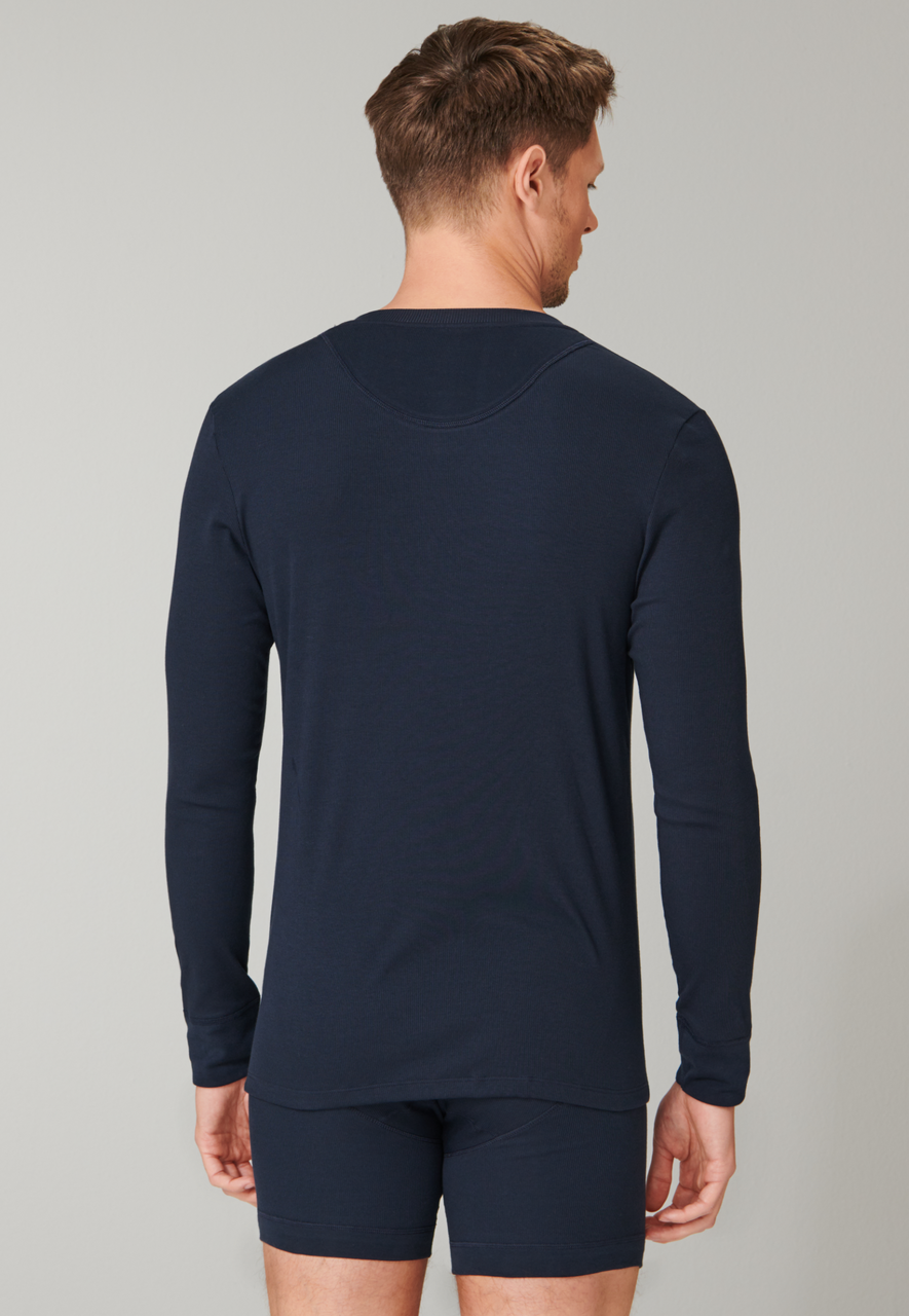 SCHIESSER Retro Rib T-shirt (1-pack), heren shirt lange mouwen dubbele rib biologisch katoen knoopsluiting donkerblauw
