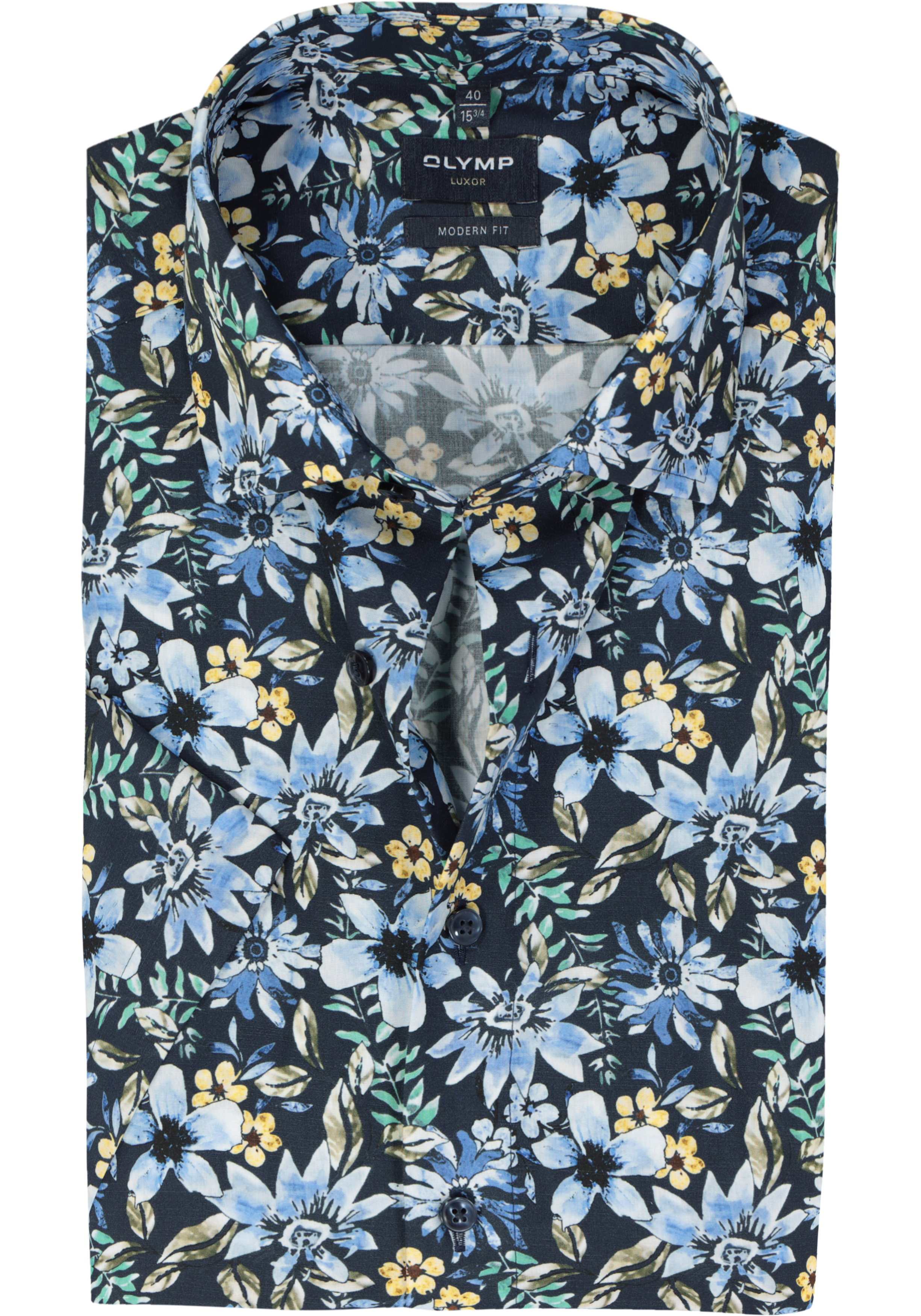 OLYMP modern fit overhemd, korte mouw, popeline, donkerblauw met groen, geel en lichtblauw bloemen dessin
