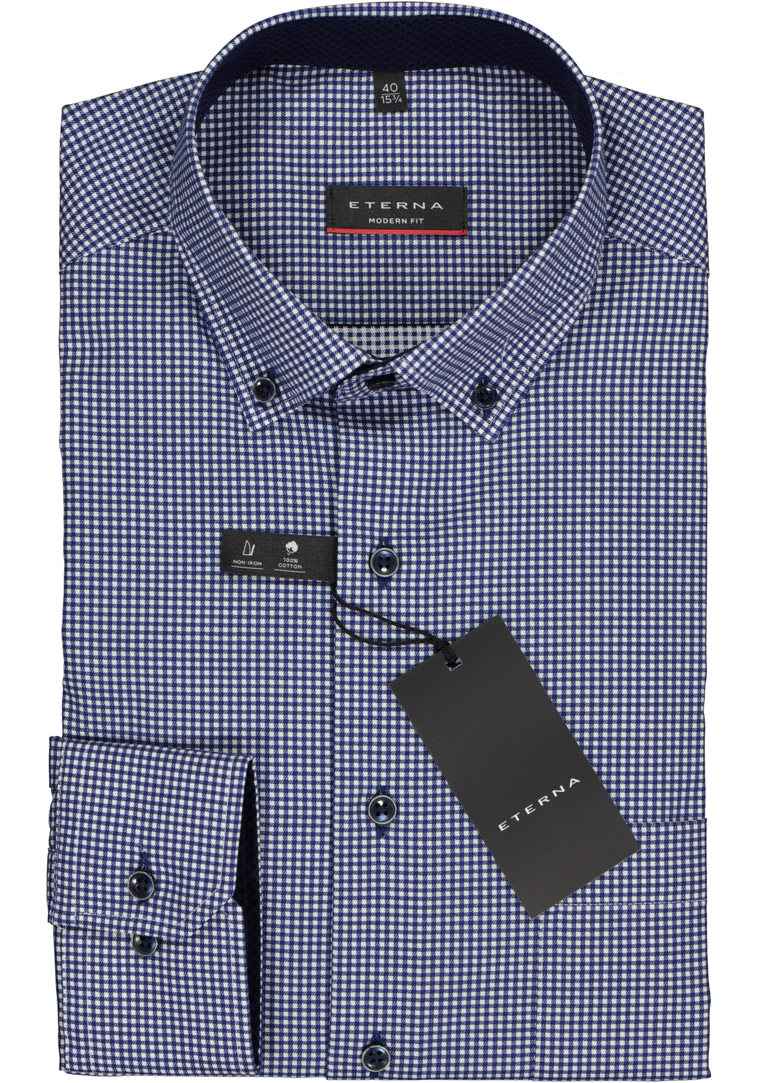 ETERNA modern fit overhemd, twill heren overhemd, donkerblauw met wit geruit (blauw contrast)