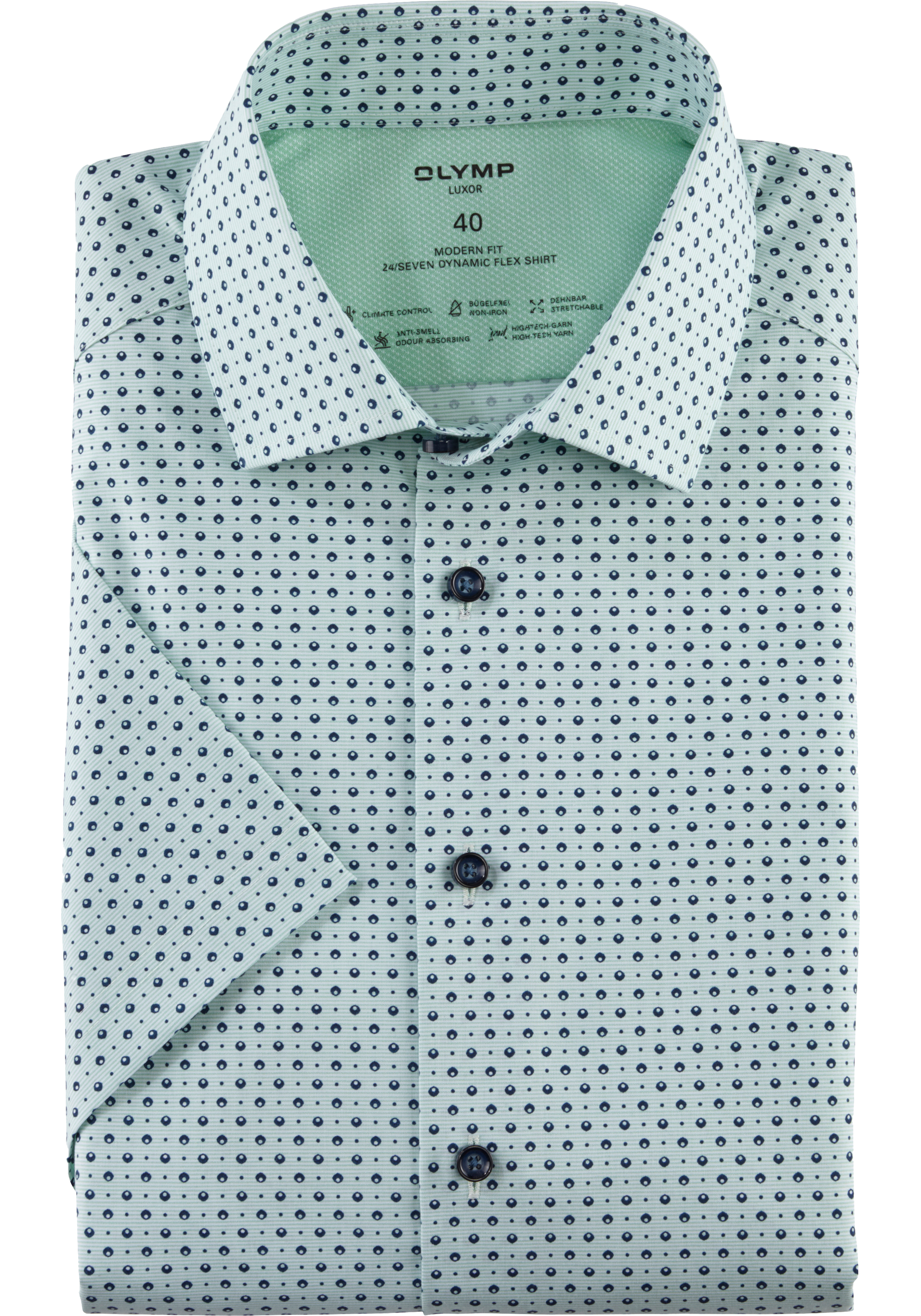 OLYMP Luxor 24/7 modern fit overhemd, korte mouw, tricot, lichtgroen dessin