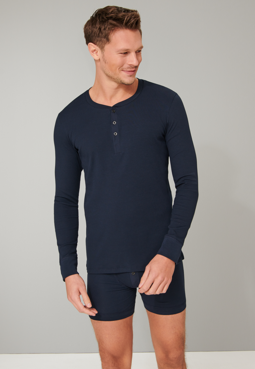 SCHIESSER Retro Rib T-shirt (1-pack), heren shirt lange mouwen dubbele rib biologisch katoen knoopsluiting donkerblauw