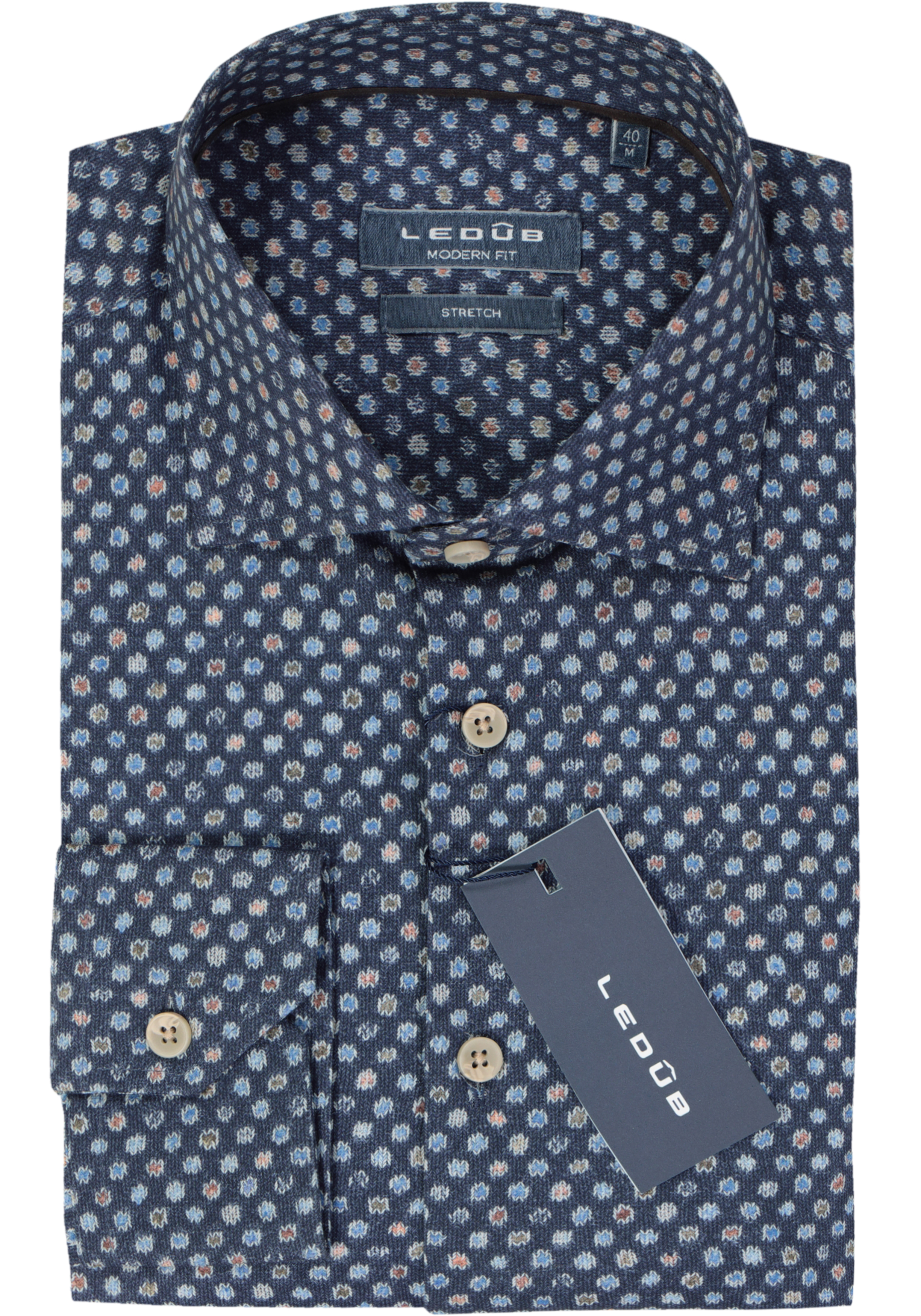 Ledub modern fit overhemd, popeline, donkerblauw dessin