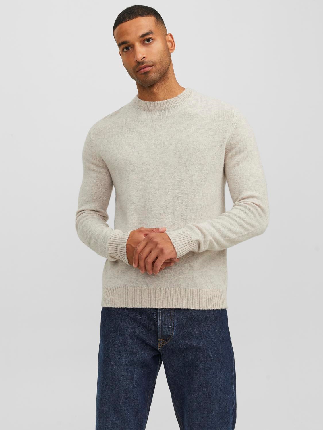 JACK & JONES Lambswool knit crew neck slim fit, heren pullover wol met O-hals, zandkleur melange
