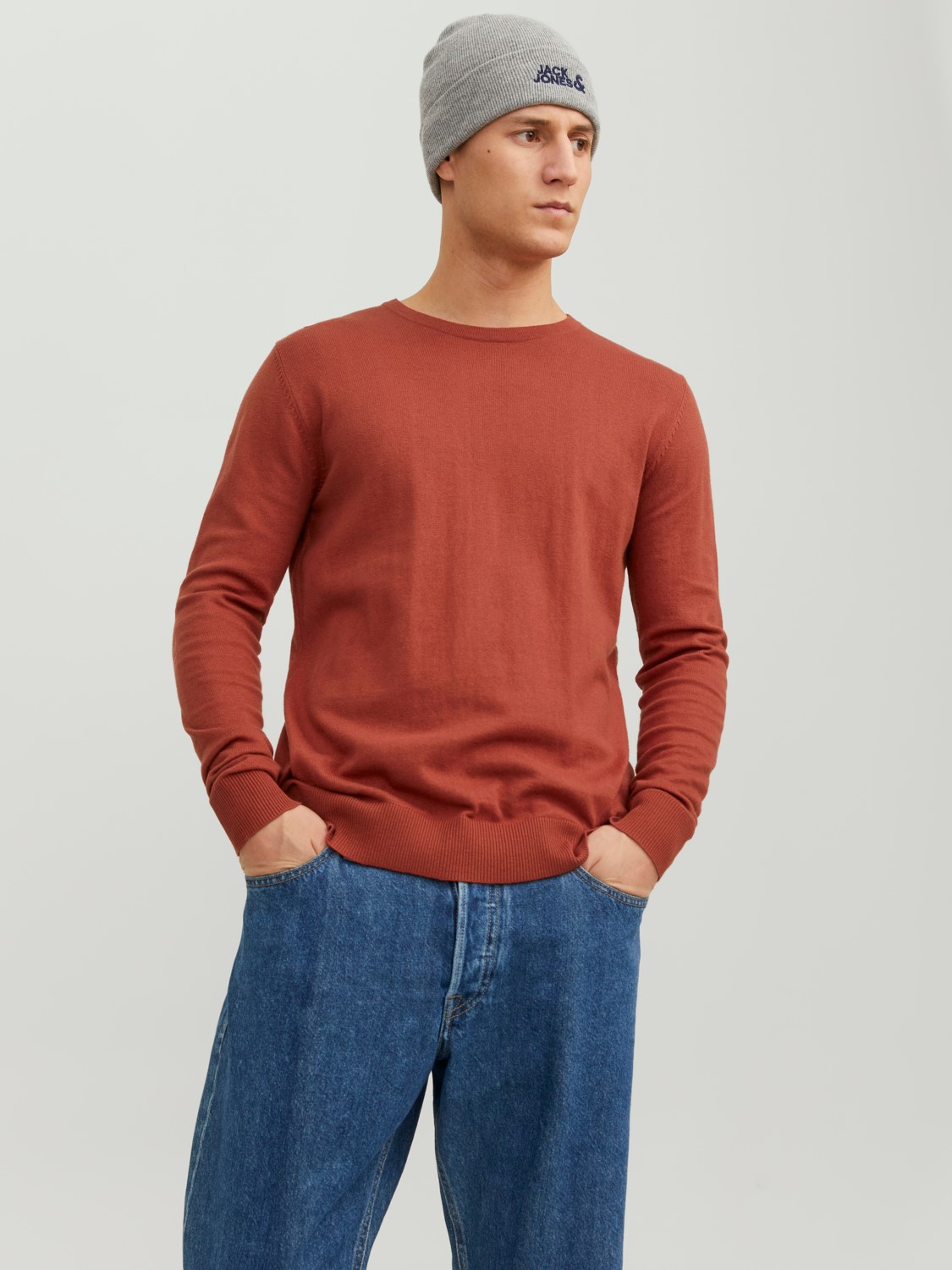 JACK & JONES Emil knit crew neck slim fit, heren pullover viscosemengsel met O-hals, warm oranje