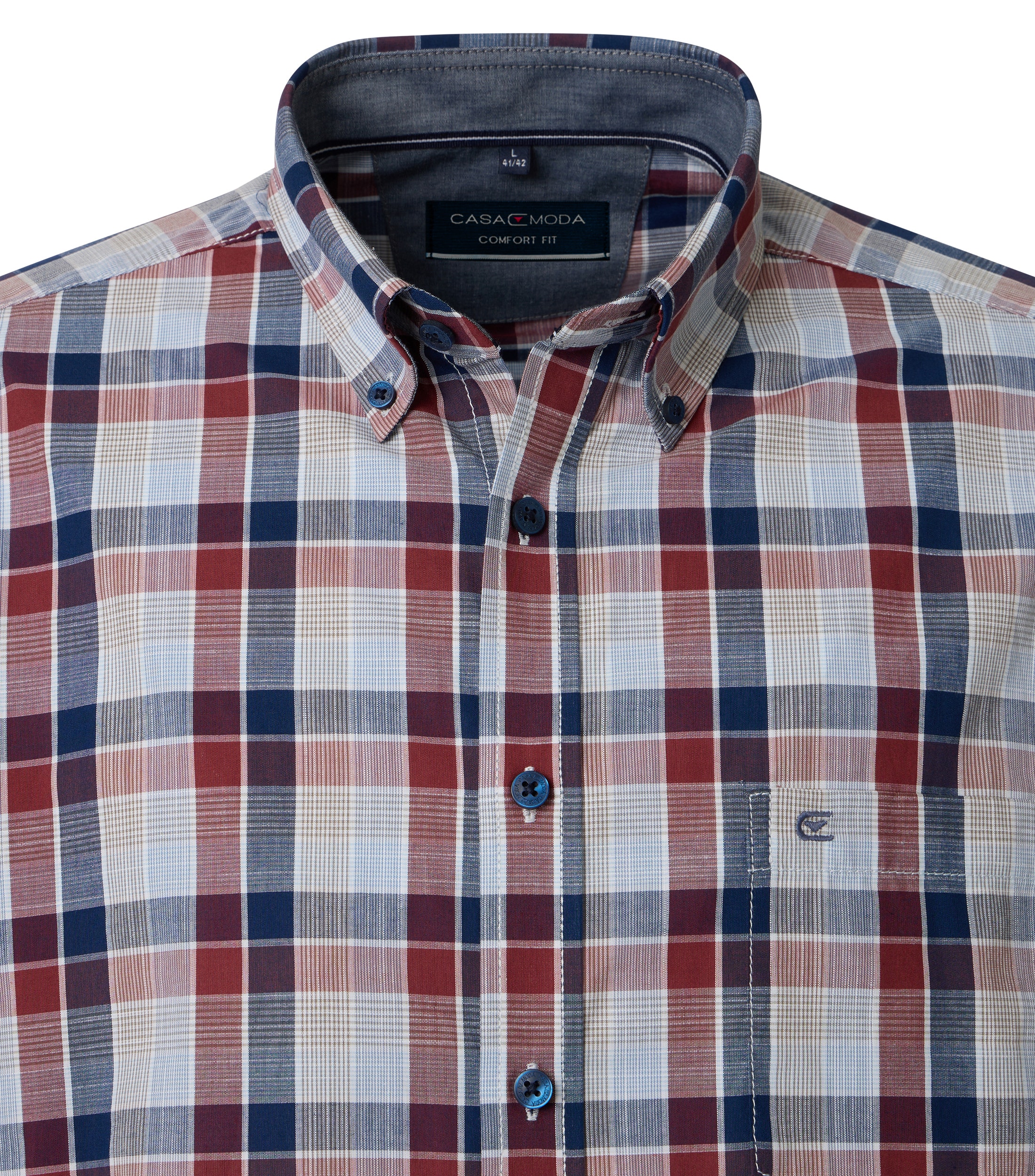 CASA MODA Sport comfort fit overhemd, chambray, blauw met donkerrood en beige geruit