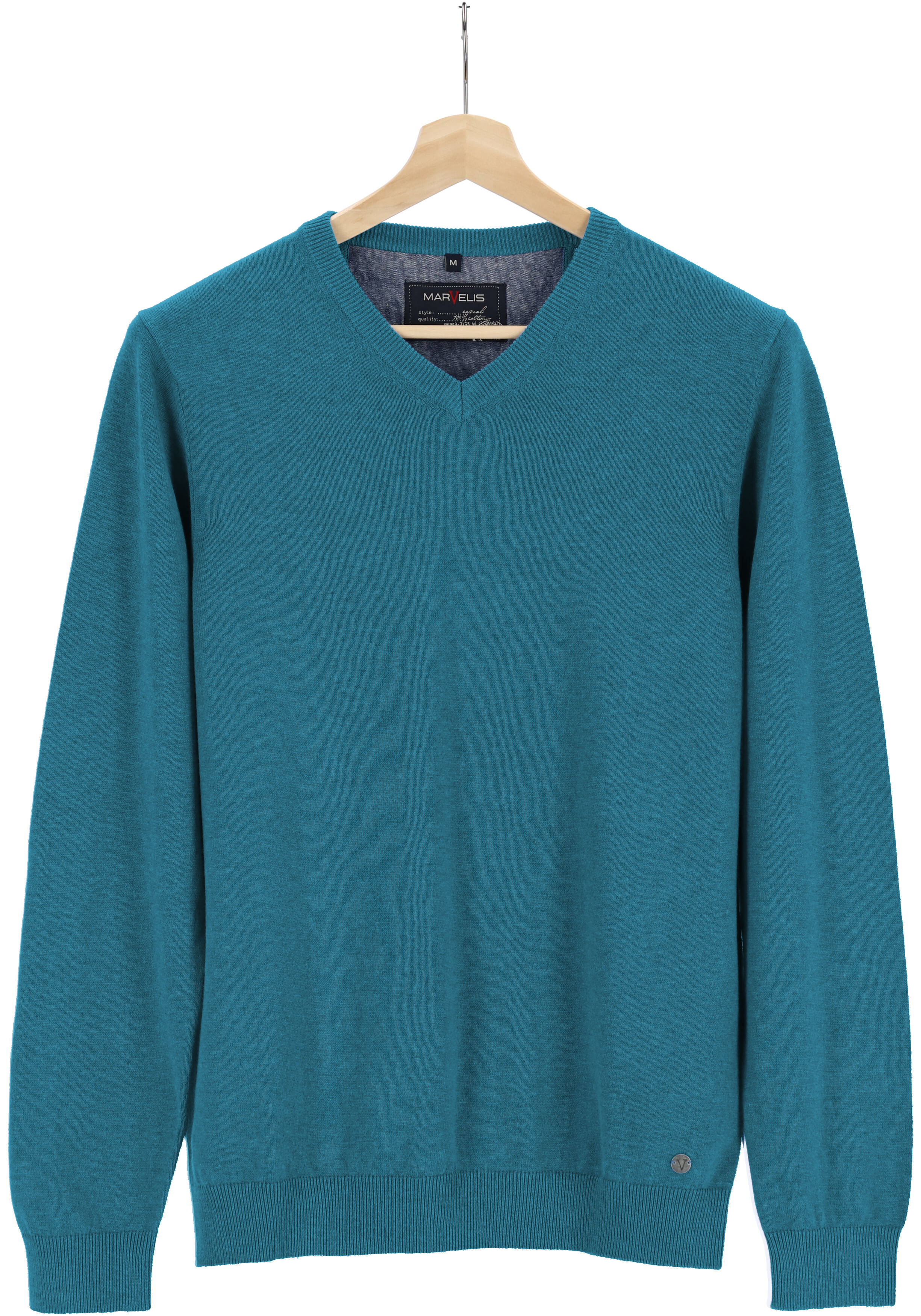 MARVELIS modern fit trui katoen, V-hals, petrol