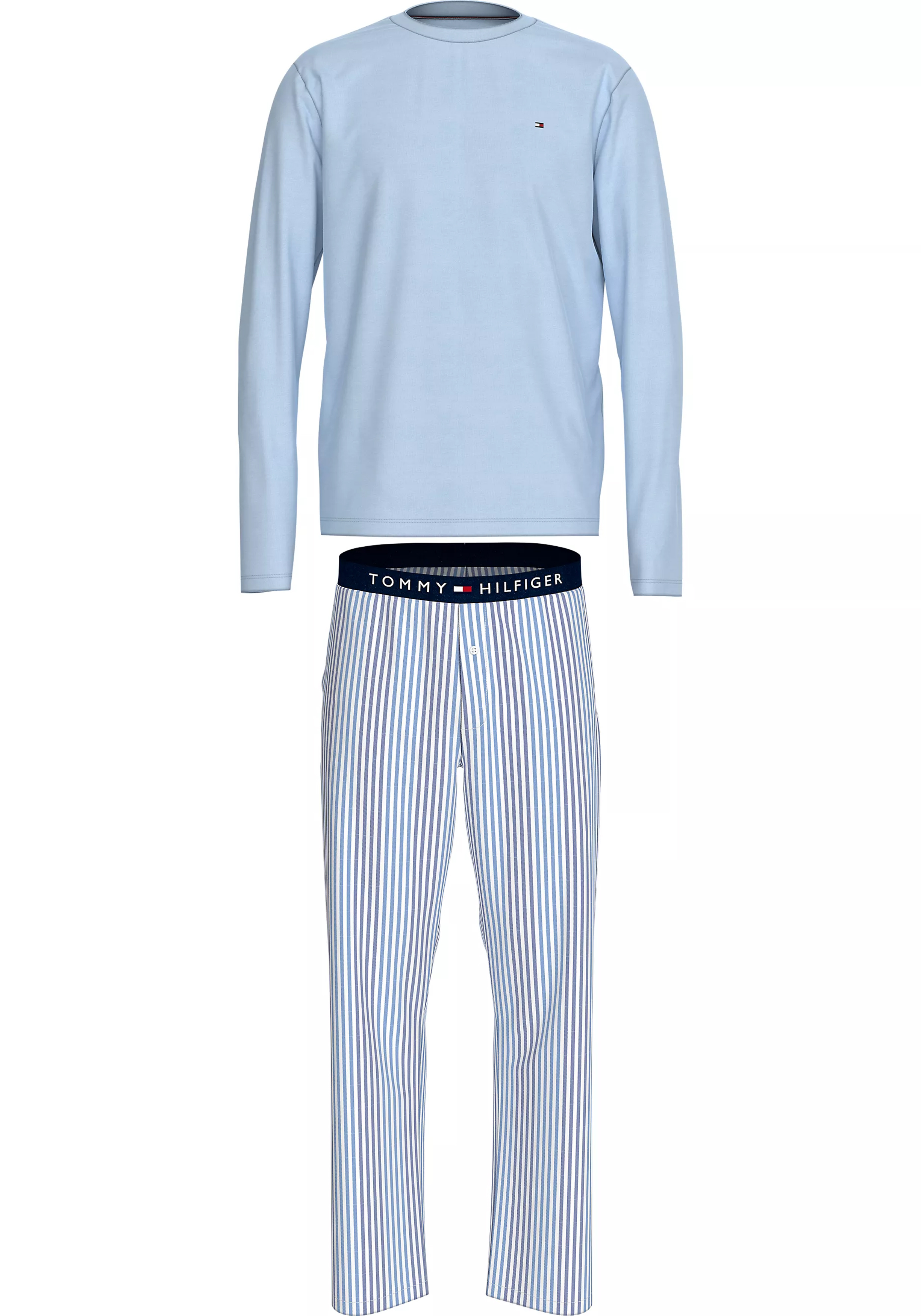 Tommy Hilfiger heren pyjama O-hals, lichtblauw shirt met blauw met wit gestreepte broek