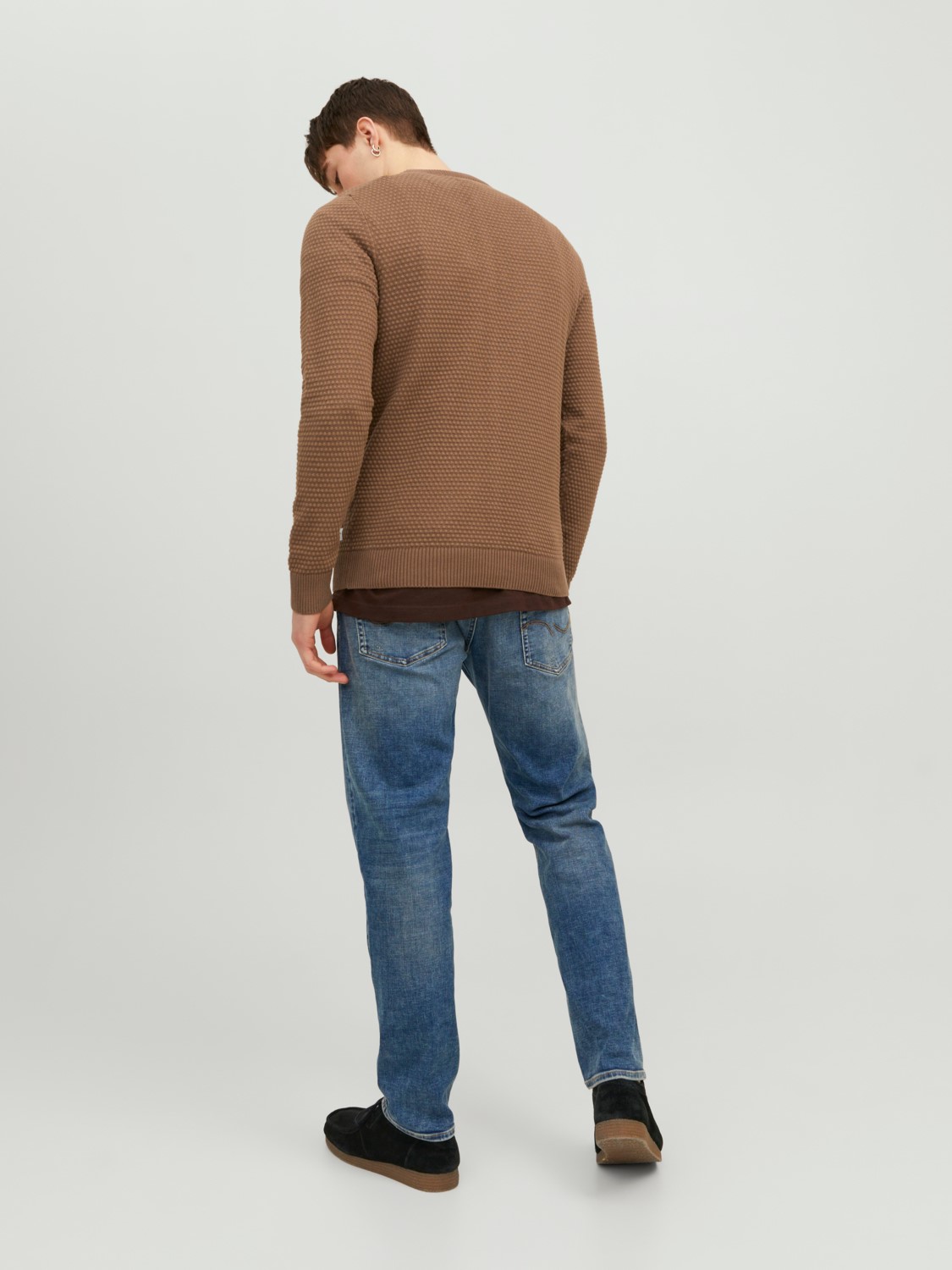 JACK & JONES Atlas knit crew neck slim fit, heren pullover katoen met O-hals, camel bruin melange