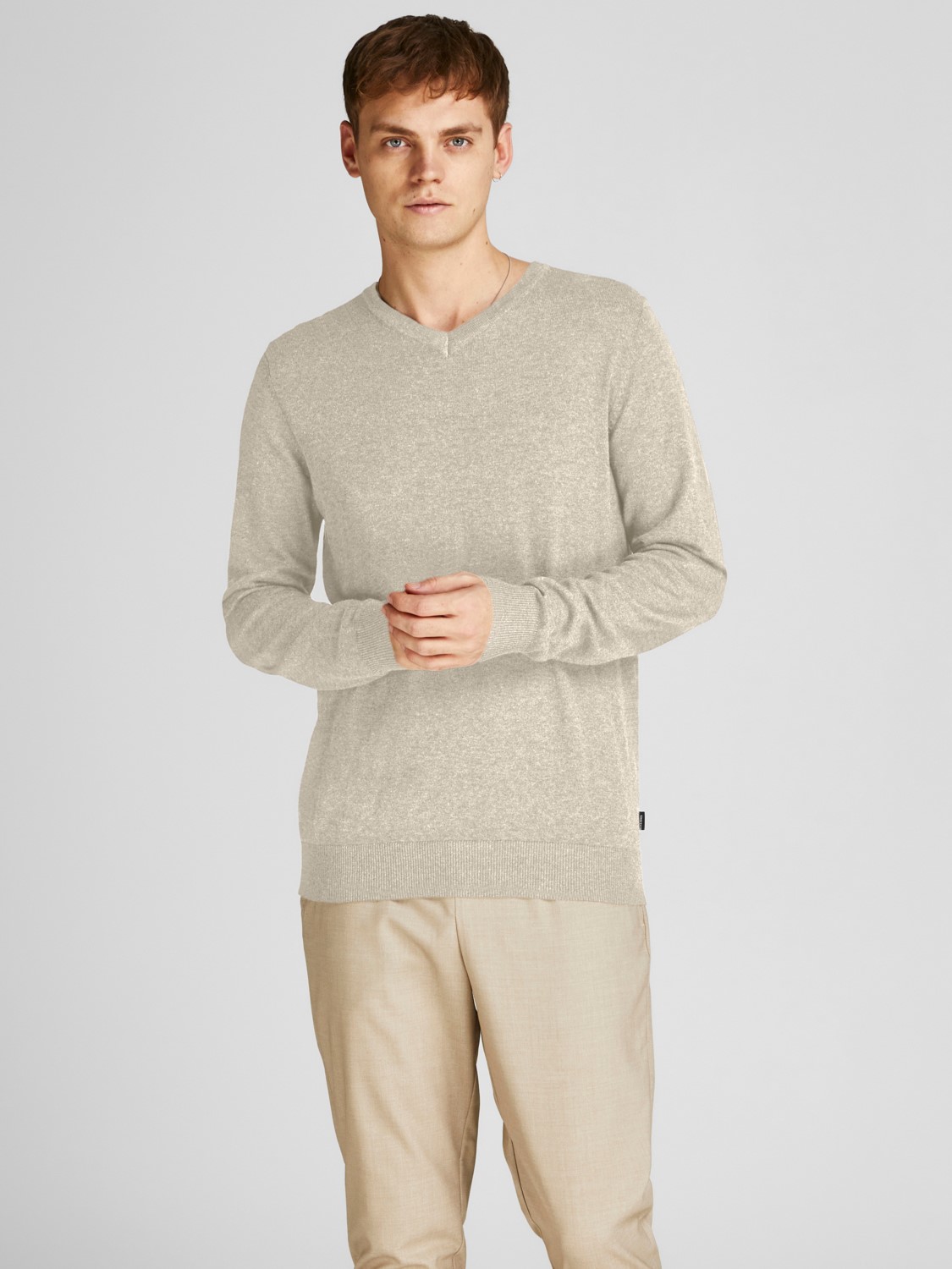 JACK & JONES Emil knit v-neck slim fit, heren pullover viscosemengsel met V-hals, beige melange