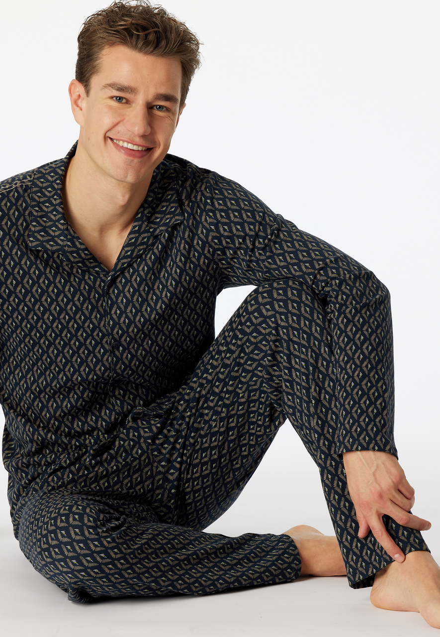 SCHIESSER Fine Interlock pyjamaset, heren pyjama lange interlock knoopsluiting nachtblauw gedessineerd