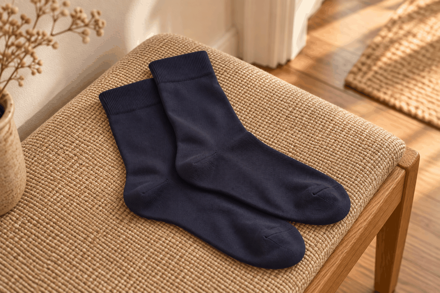 Twee donkerblauwe sokken met geribde boorden liggen overlappend op een beige gestoffeerd bankje.