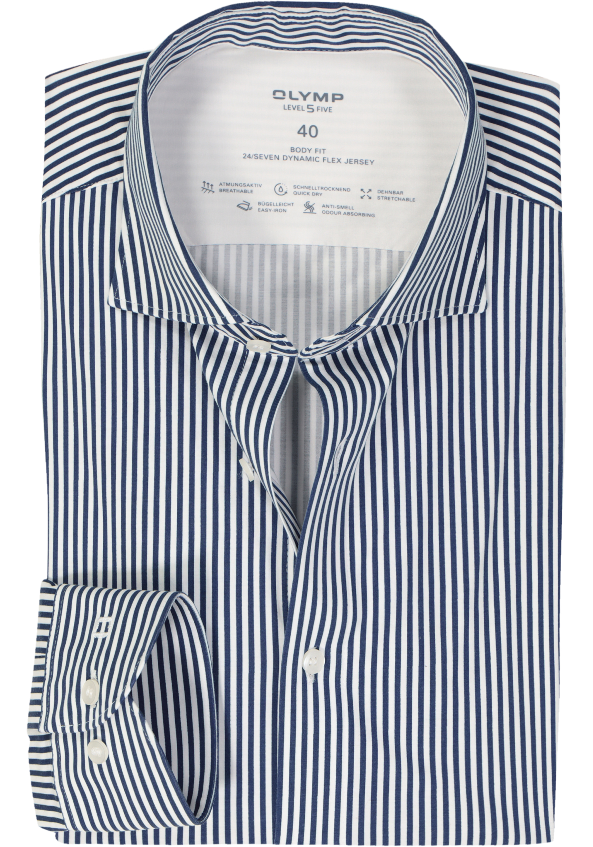 OLYMP Level 5 body fit overhemd 24/7, marine blauw met wit gestreept tricot