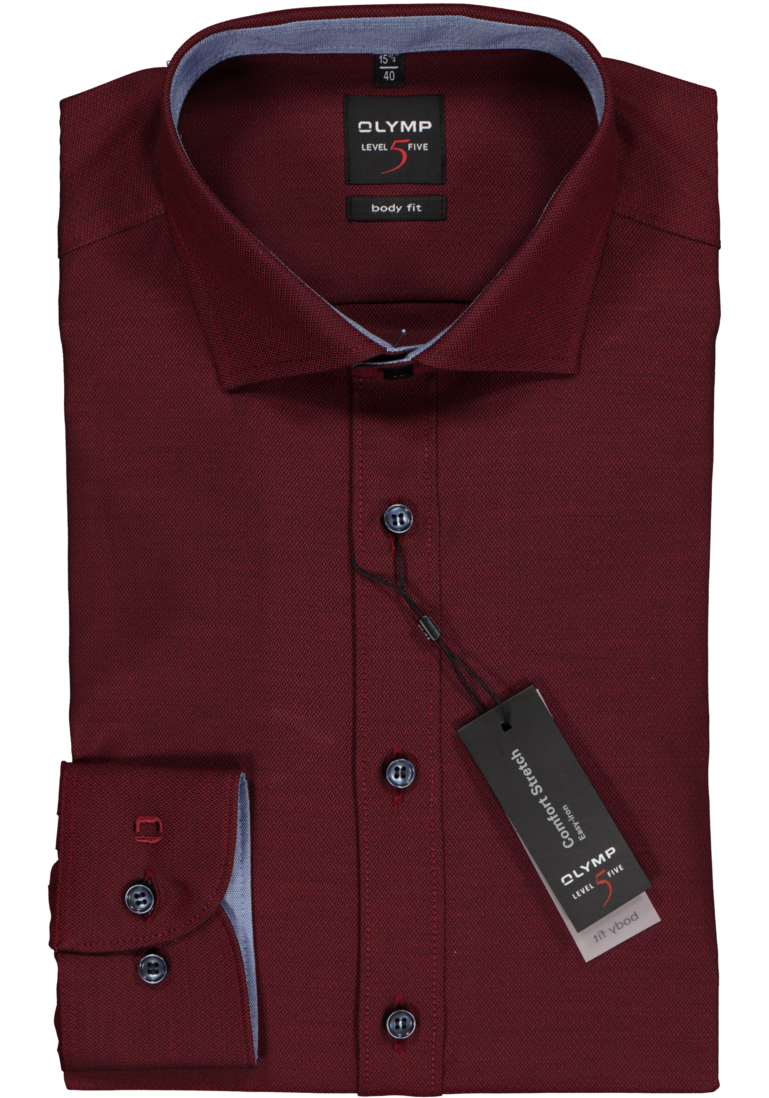 OLYMP Level 5 body fit overhemd, bordeaux rood structuur (blauw contrast)