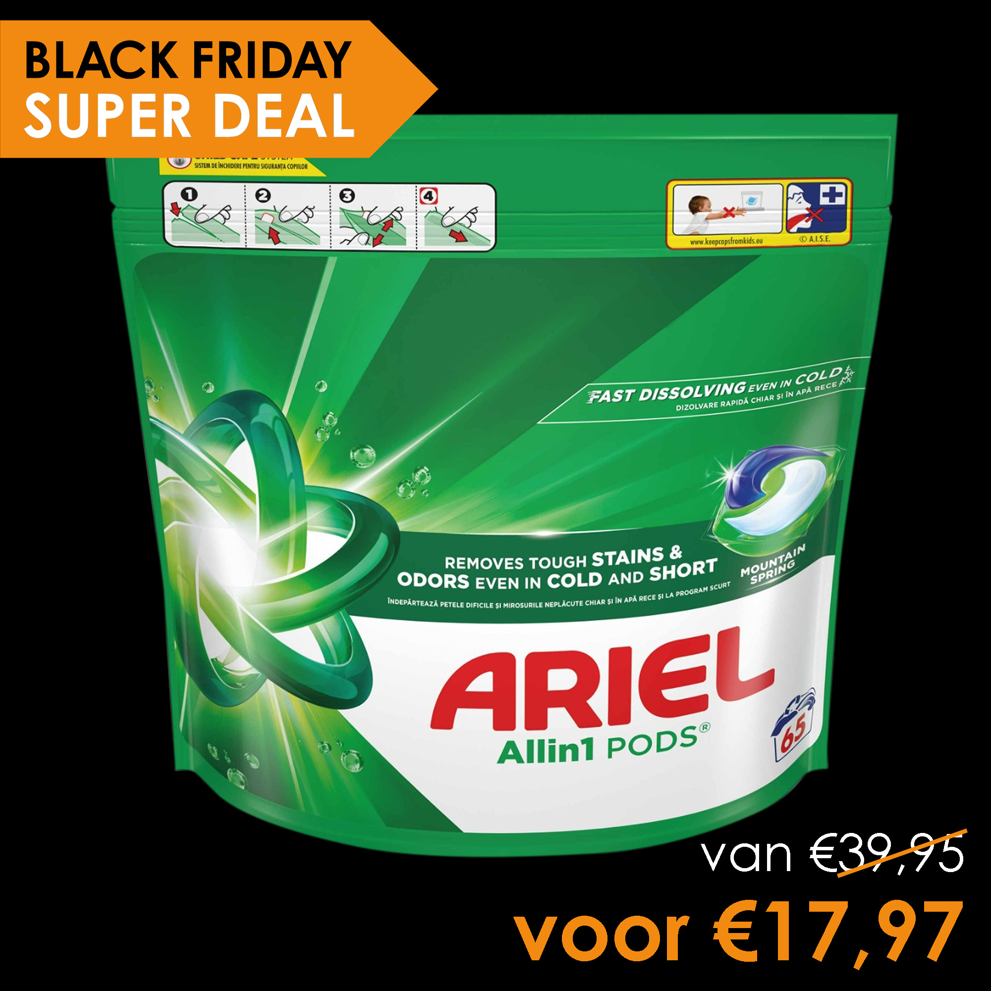 Ariel wasmiddel pods 65 stuks van 39,95 voor 17,97