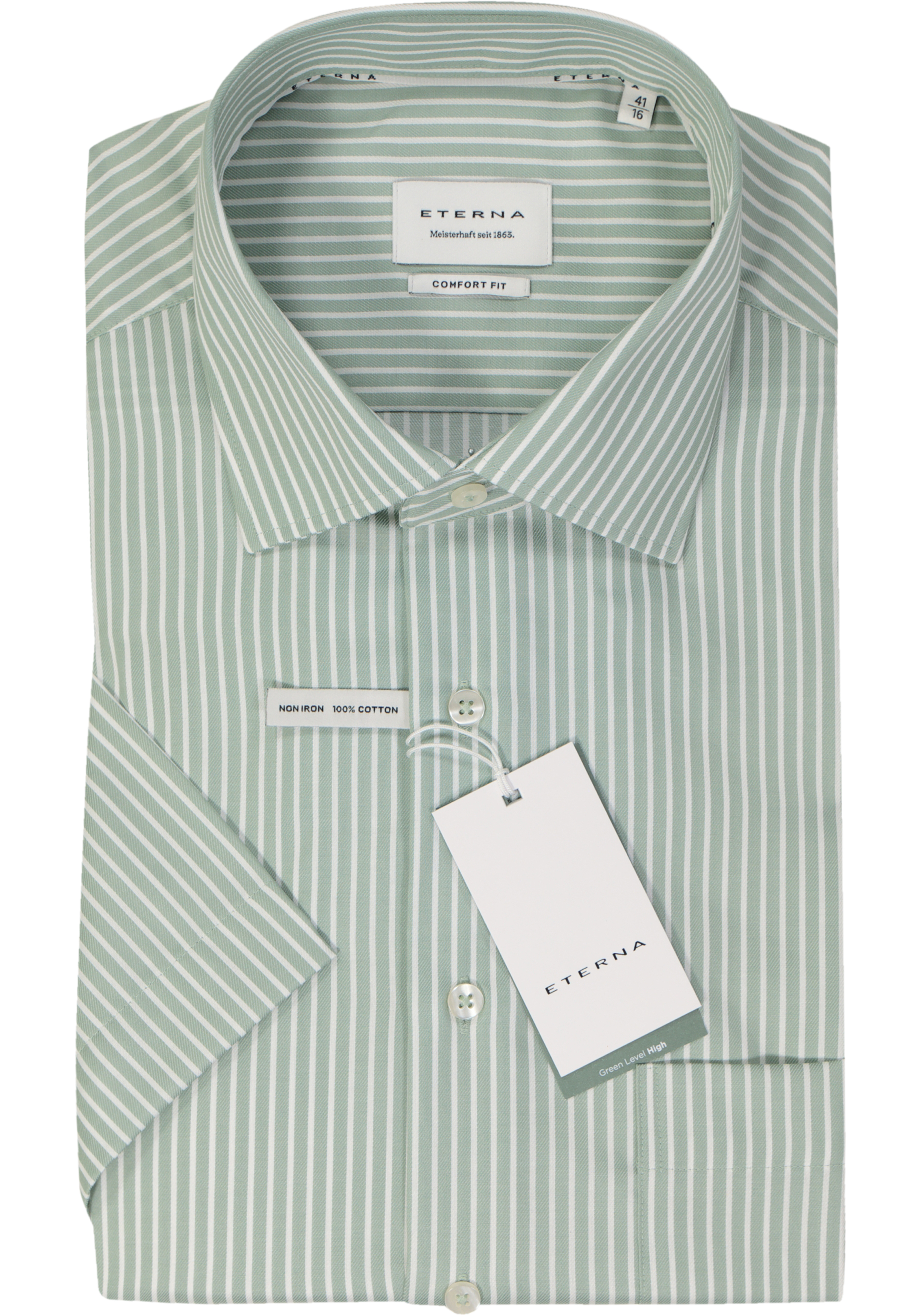 ETERNA comfort fit overhemd korte mouw, twill, lichtgroen met wit gestreept