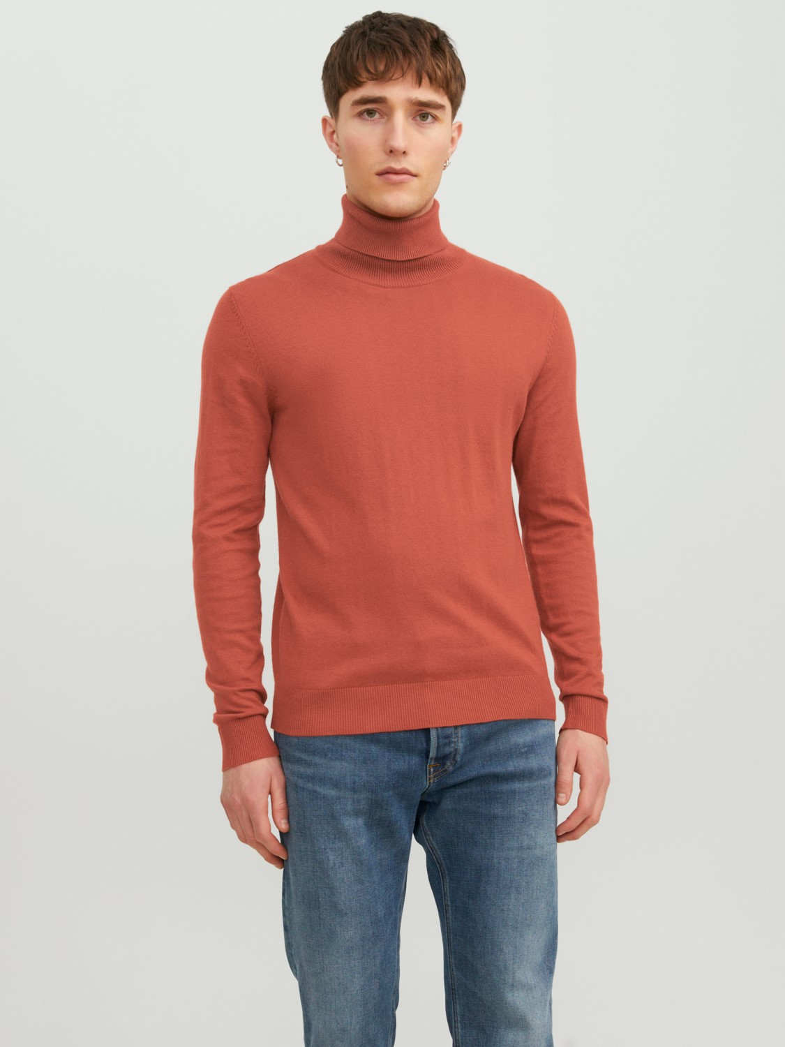 JACK & JONES Emil knit roll neck slim fit, heren pullover viscosemengsel met col, warm oranje