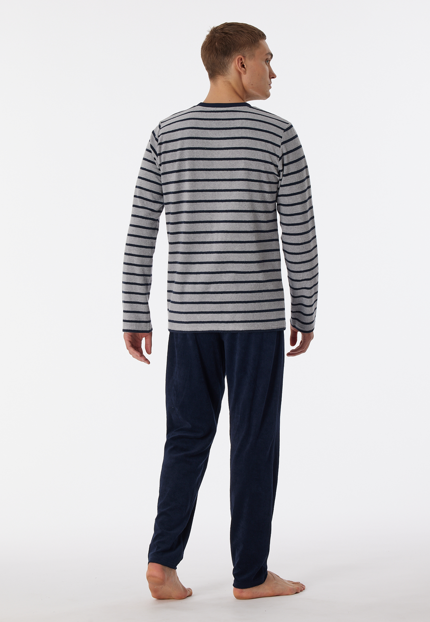 SCHIESSER Warming Nightwear pyjamaset, heren pyjama lang badstof V-hals gestreept grijs-melange