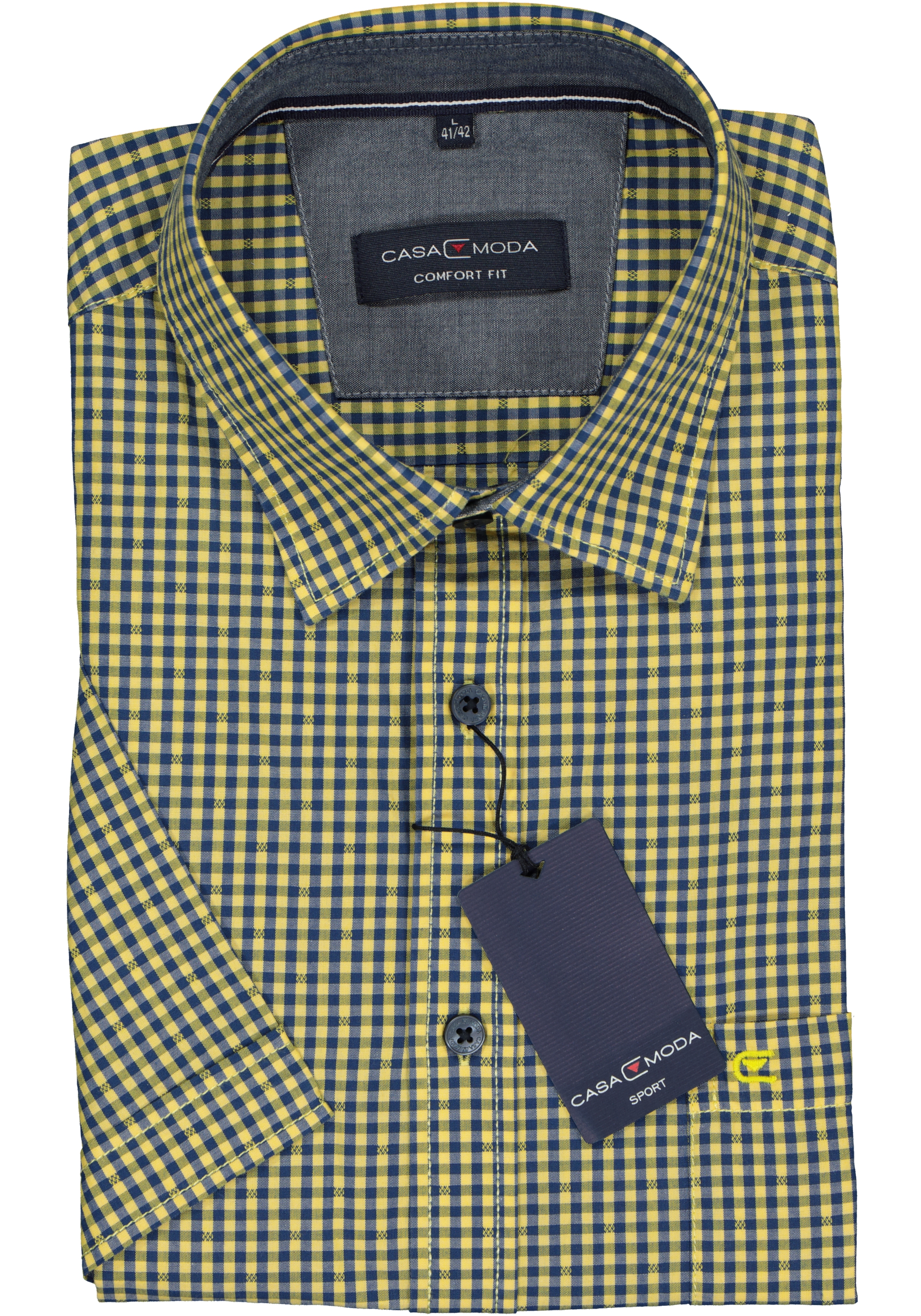 Casa Moda Sport Comfort Fit overhemd, blauw met geel geruit