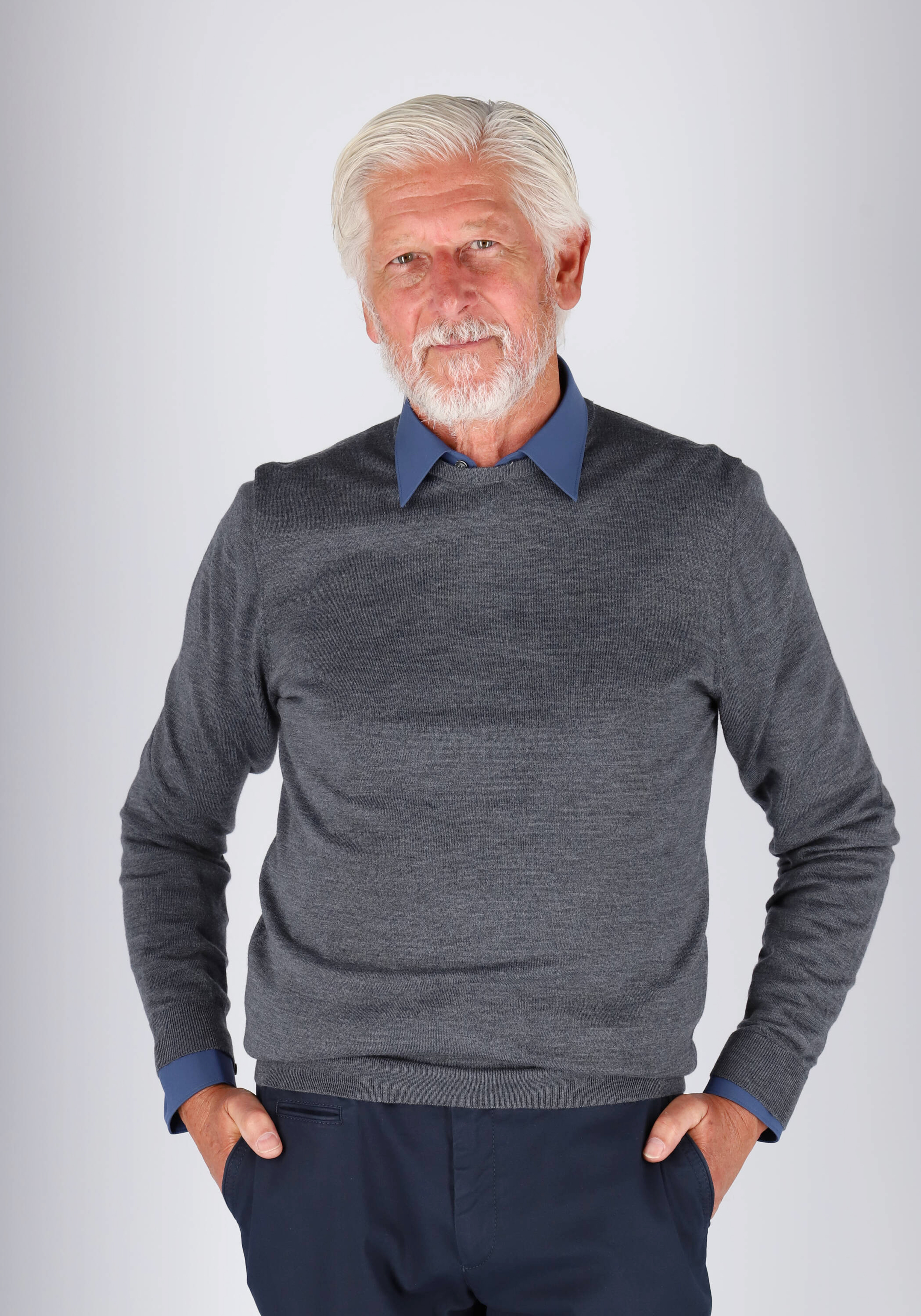 Profuomo slim fit trui wol, heren pullover O-hals, antraciet grijs