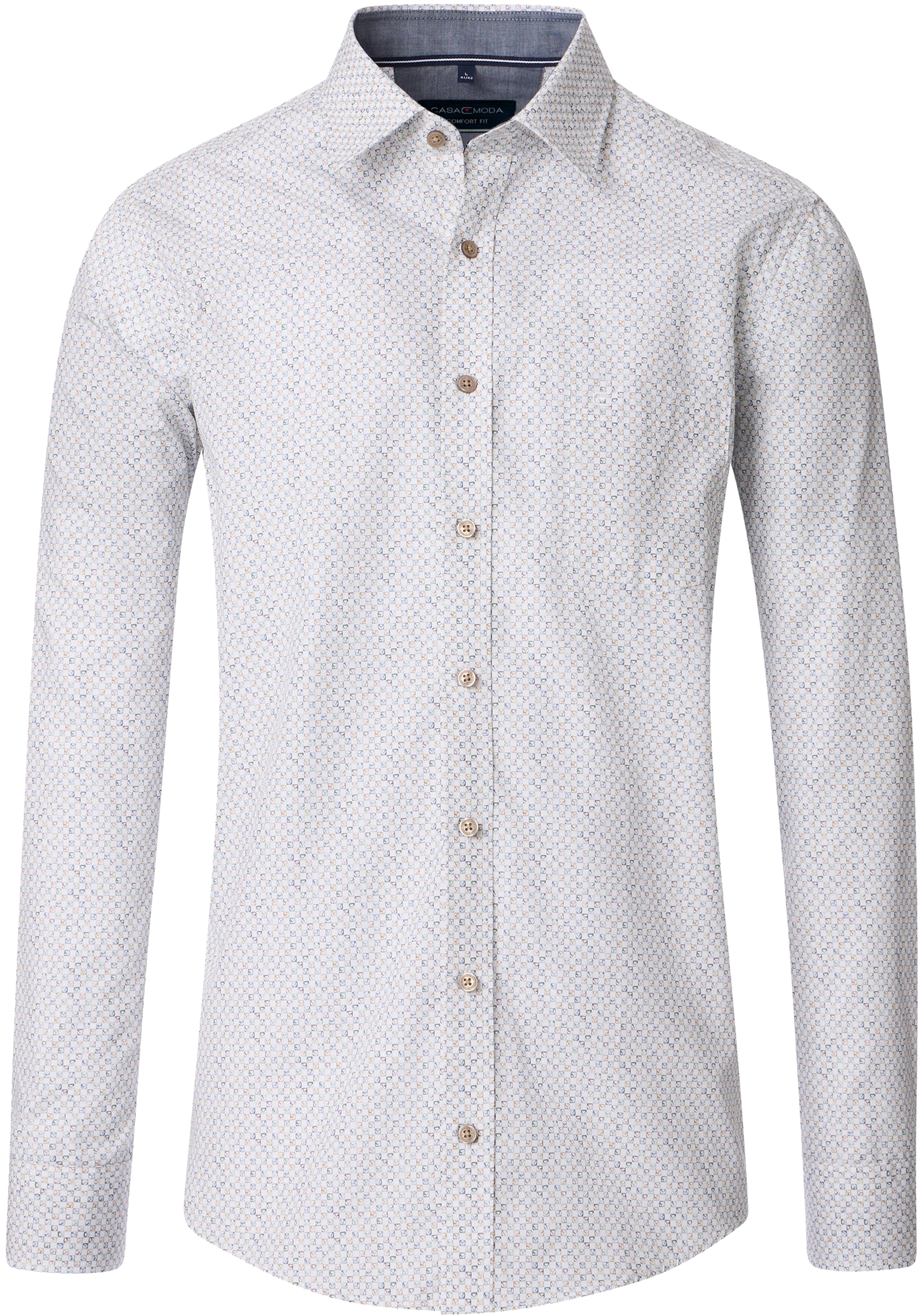 CASA MODA Sport casual fit overhemd, popeline, wit met lichtblauw en beige dessin