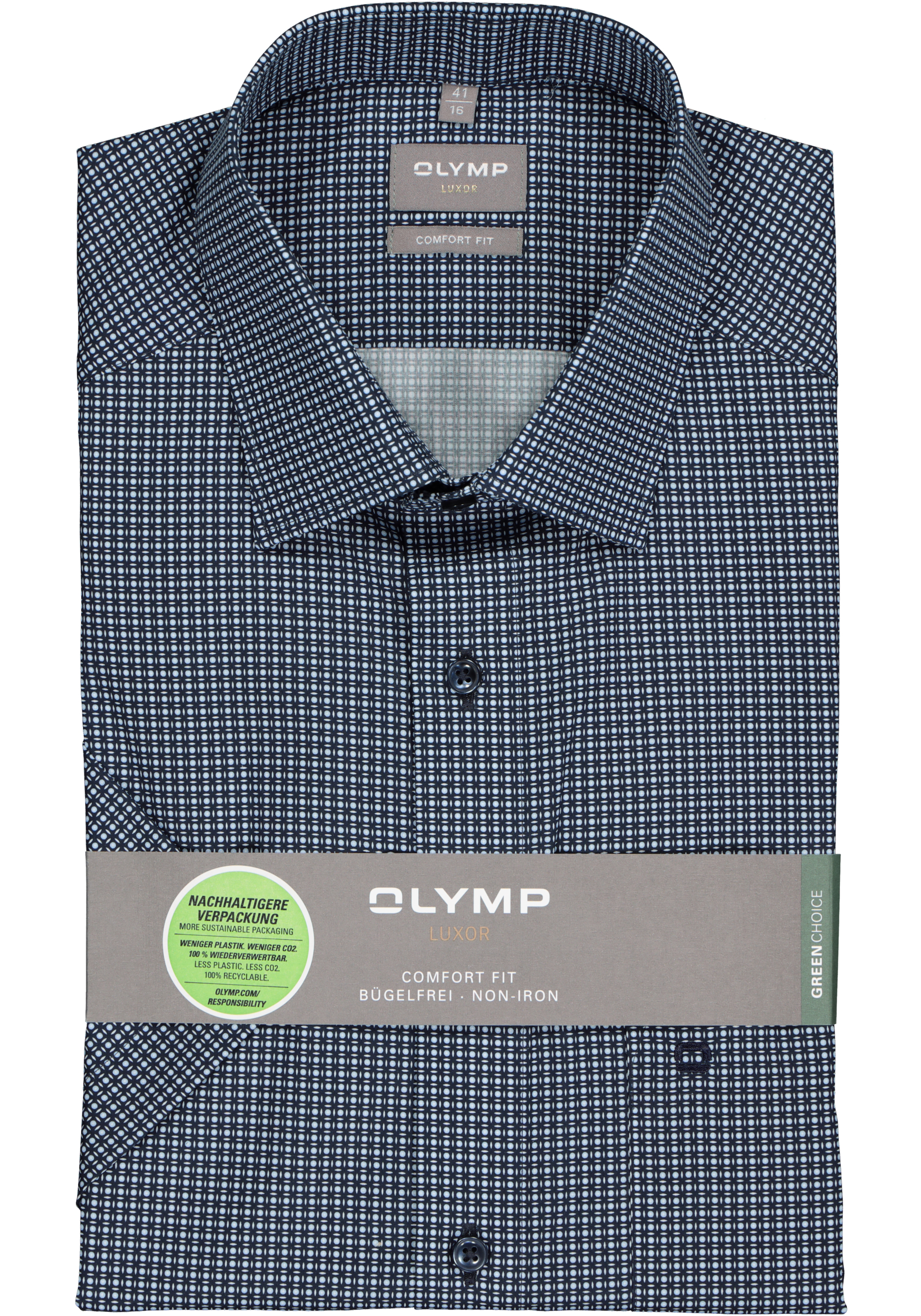 OLYMP comfort fit overhemd, korte mouw, popeline, donker- en lichtblauw met wit dessin