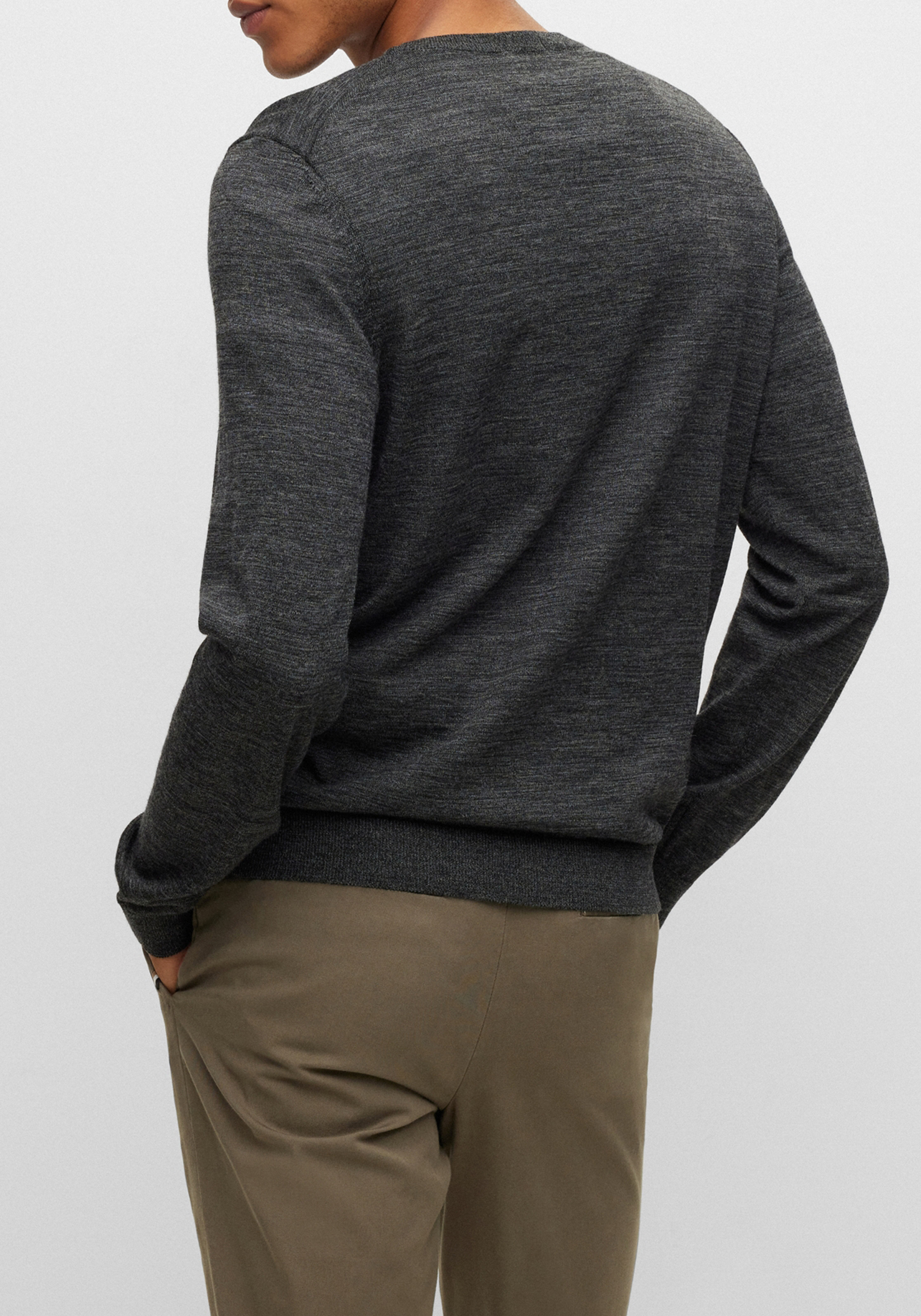 BOSS Melba slim fit trui wol, heren pullover met V-hals, zwart-wit melange