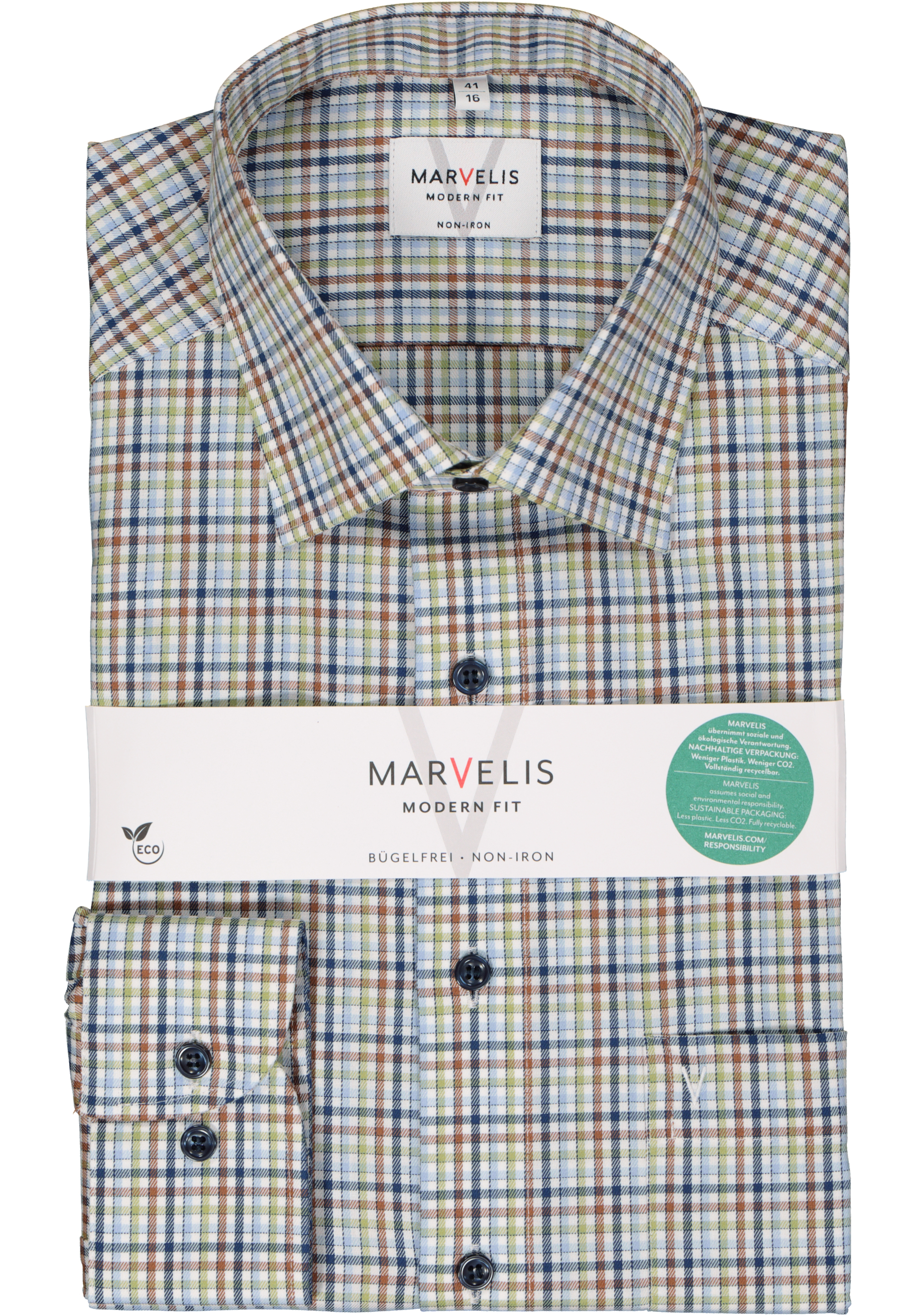 MARVELIS modern fit overhemd, twill, blauw, groen, wit en bruin geruit