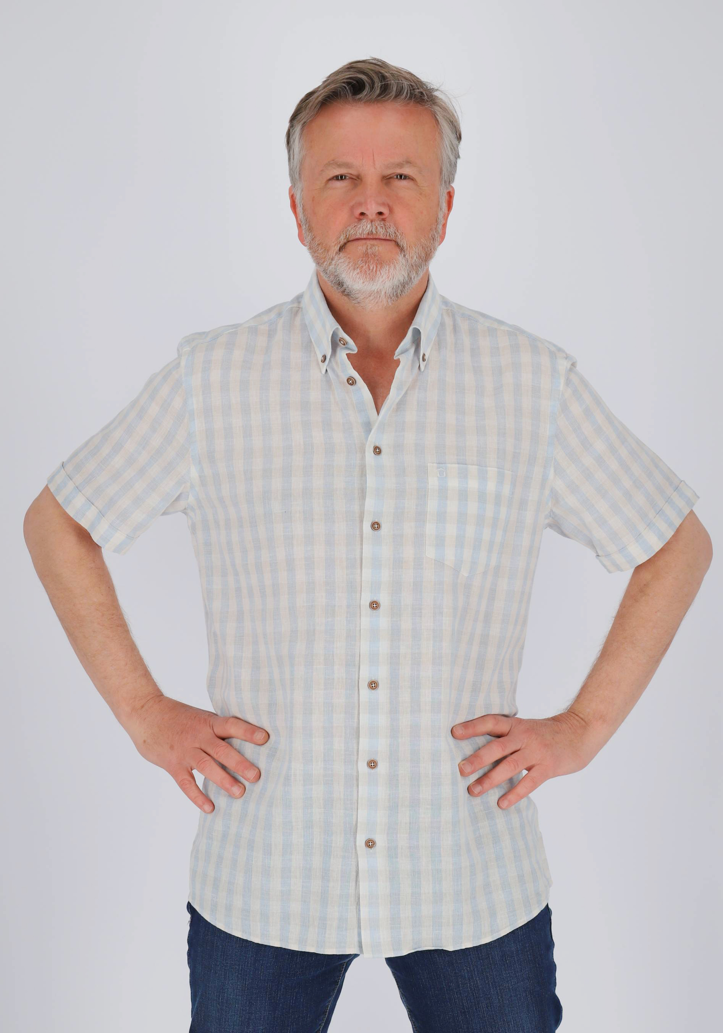 Ledub modern fit overhemd, korte mouw, popeline, lichtblauw geruit
