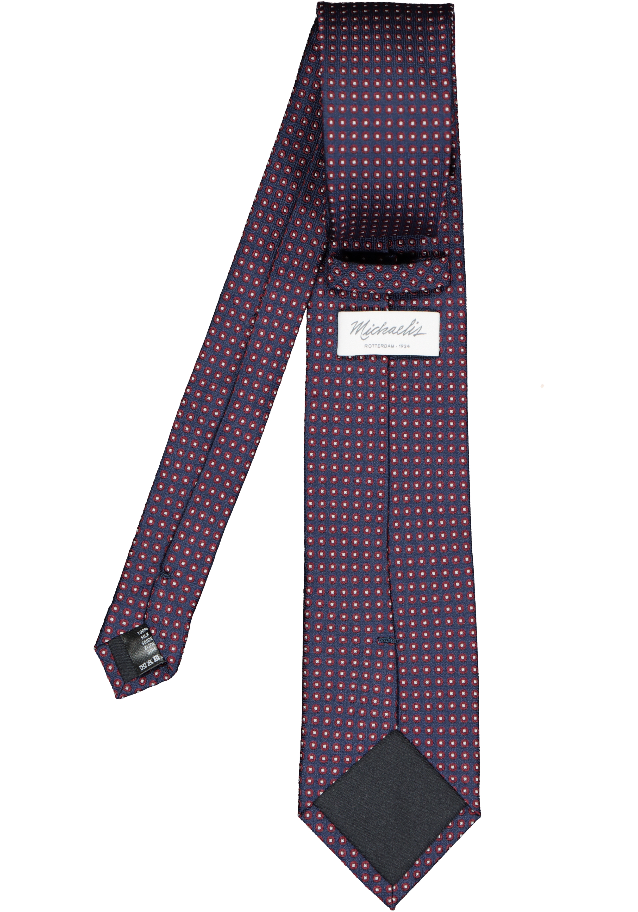 Michaelis  stropdas, zijde, blauw met bordeaux rood en wit dessin