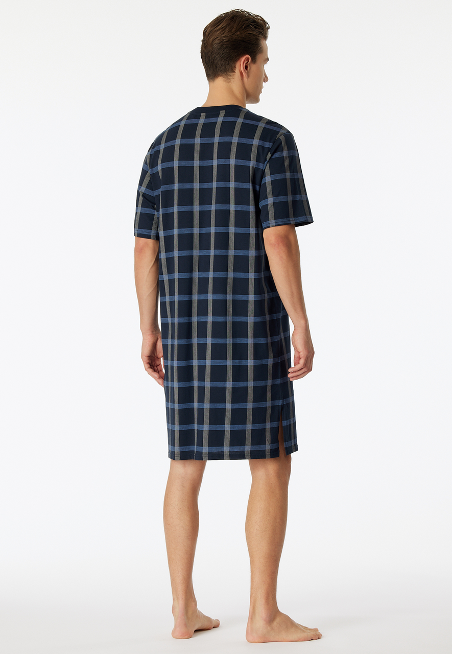 SCHIESSER Comfort Nightwear nachthemd, heren nachthemd korte mouw organic cotton V-hals borstzak nachtblauw geruit