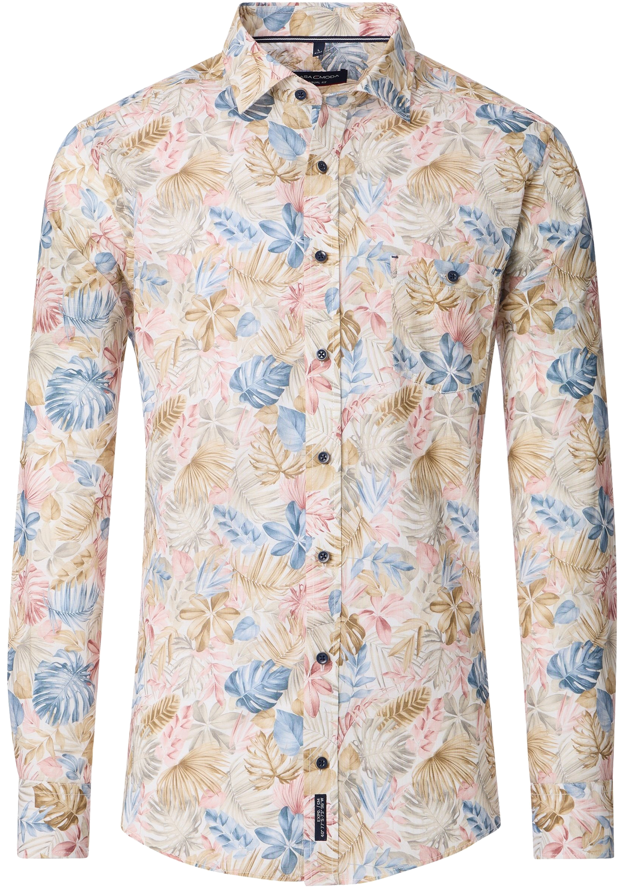 CASA MODA Sport casual fit overhemd, popeline, wit met beige, lichtblauw en roze dessin