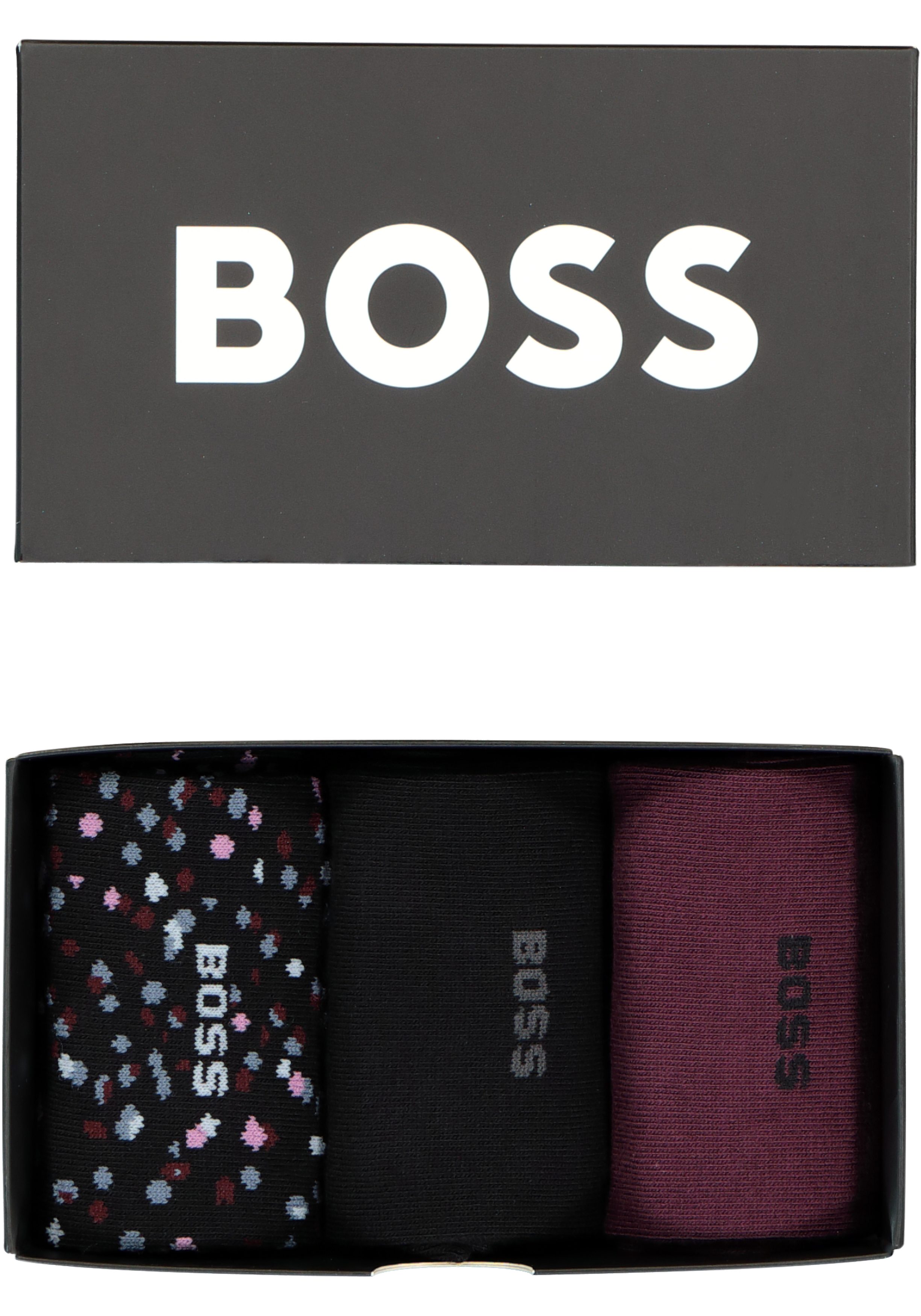 HUGO BOSS cadeauset sokken, giftbox met 3 paar heren sokken, zwart, bordeaux en dessin