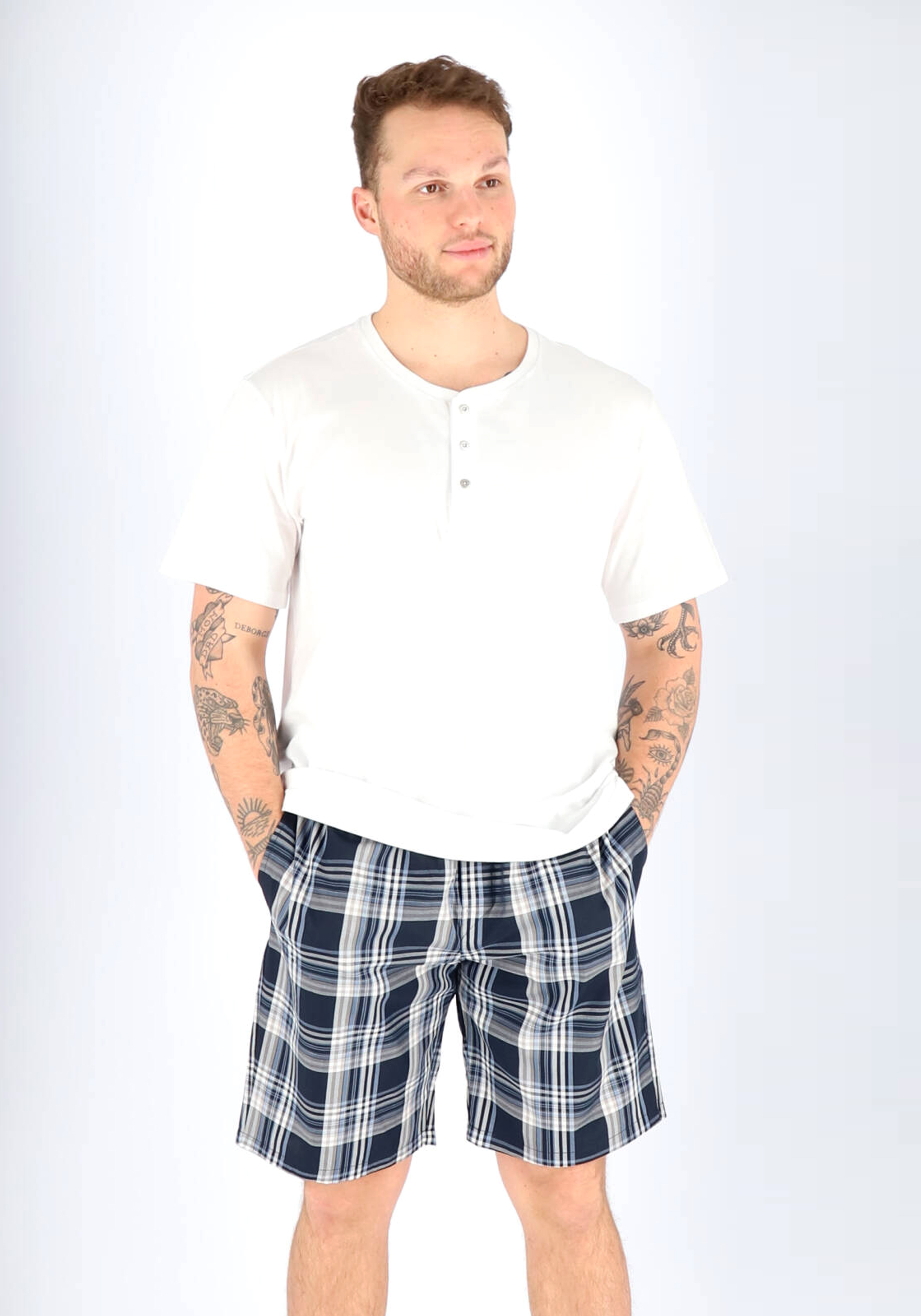 SCHIESSER Mix+Relax lounge broek, korte pijpen, dun niet elastisch, blauw geruit               