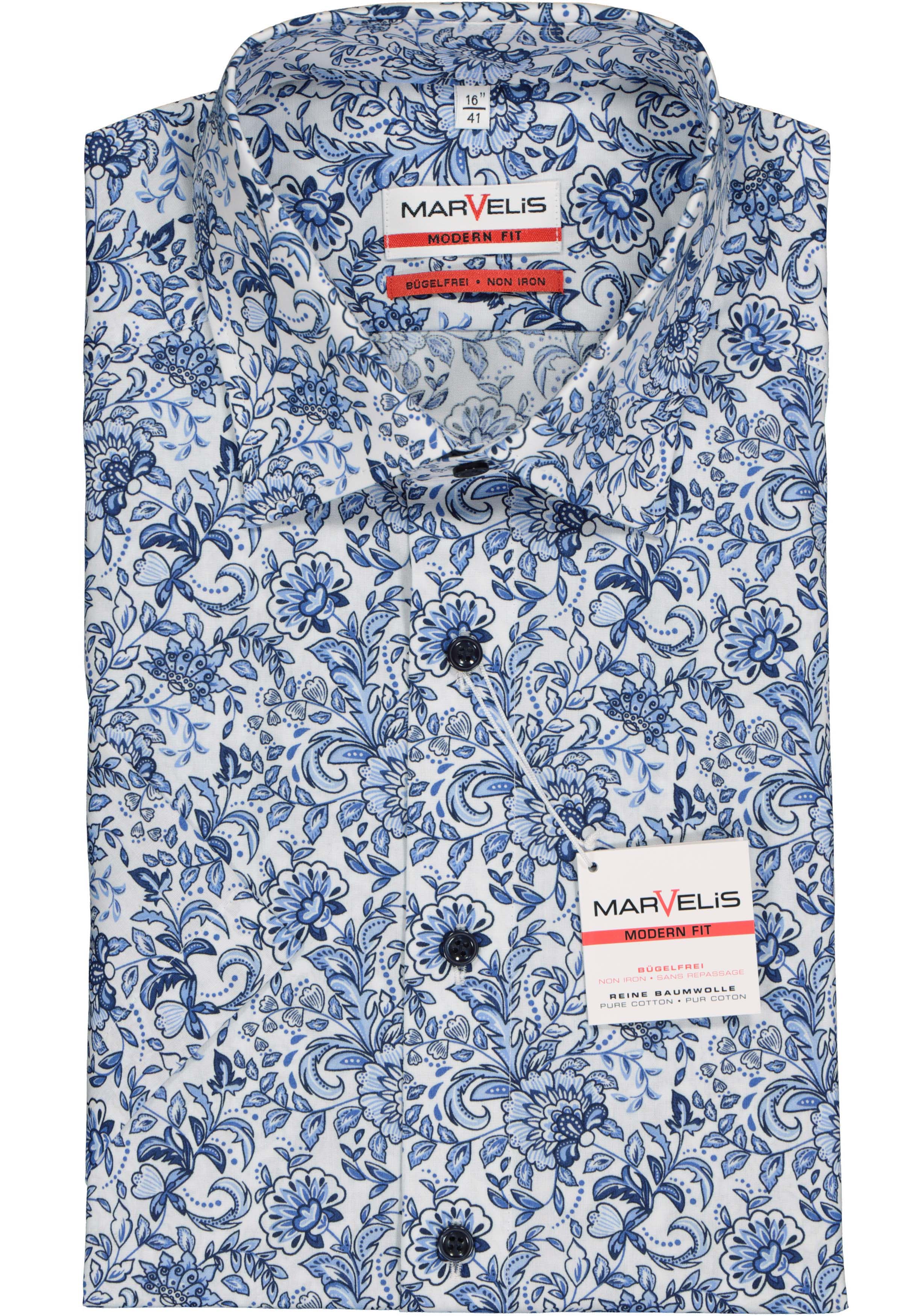 MARVELIS modern fit overhemd korte mouw popeline wit met blauw bloemen dessin