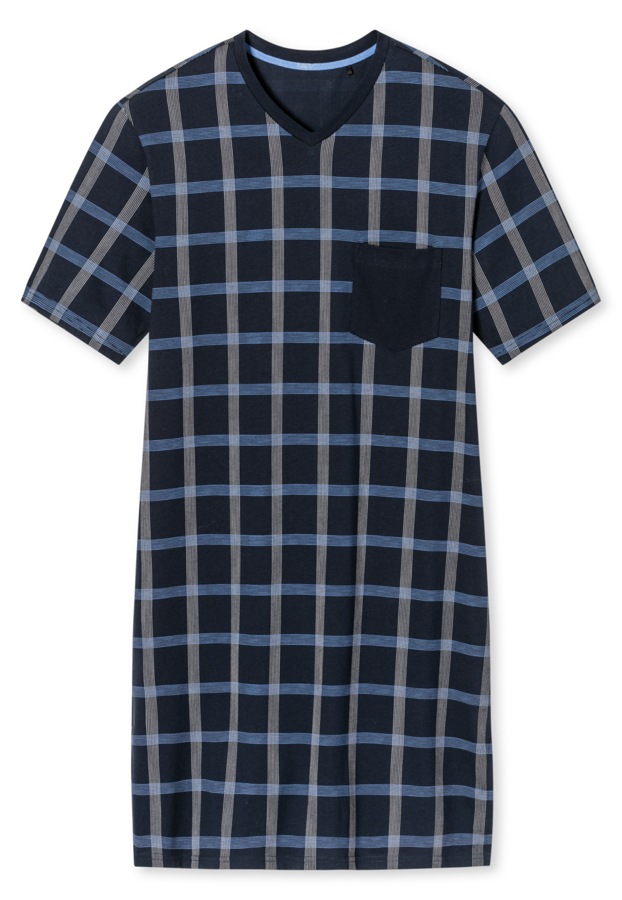 SCHIESSER Comfort Nightwear nachthemd, heren nachthemd korte mouw organic cotton V-hals borstzak nachtblauw geruit