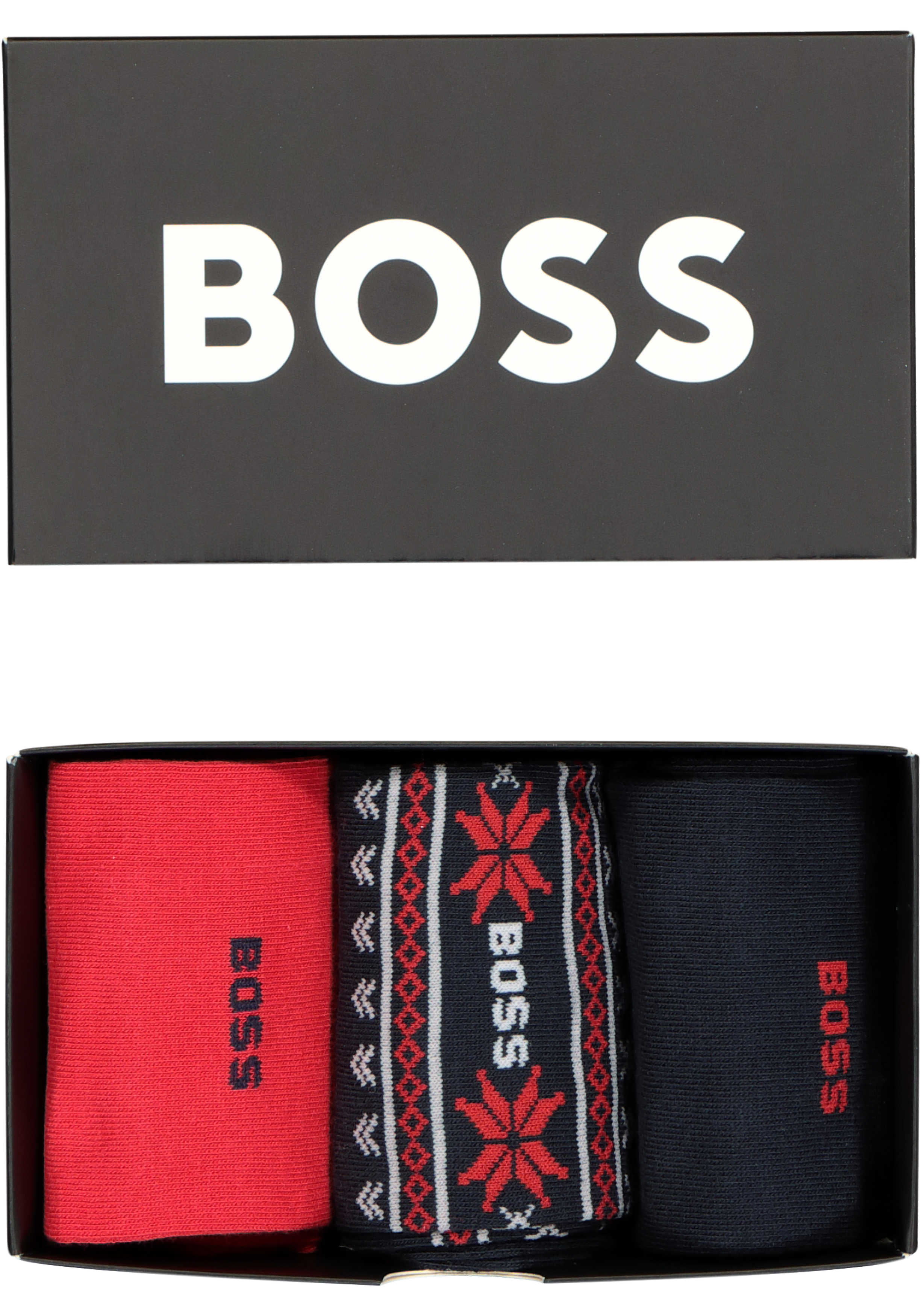 HUGO BOSS cadeauset sokken, giftbox met 3 paar heren sokken, blauw, rood en dessin