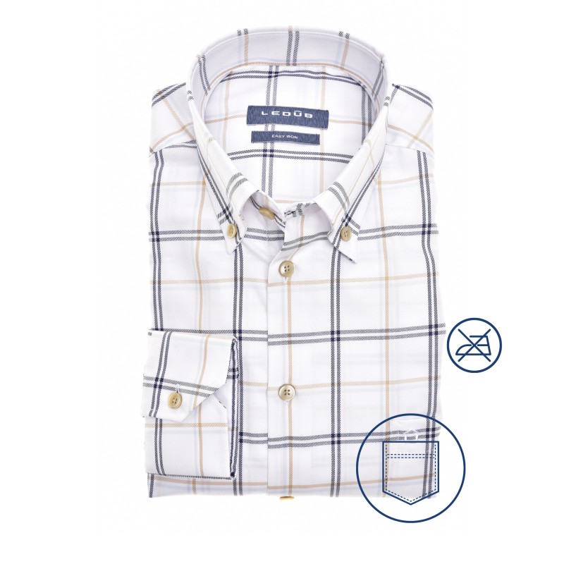 Ledub modern fit overhemd, wit met blauw en beige geruit